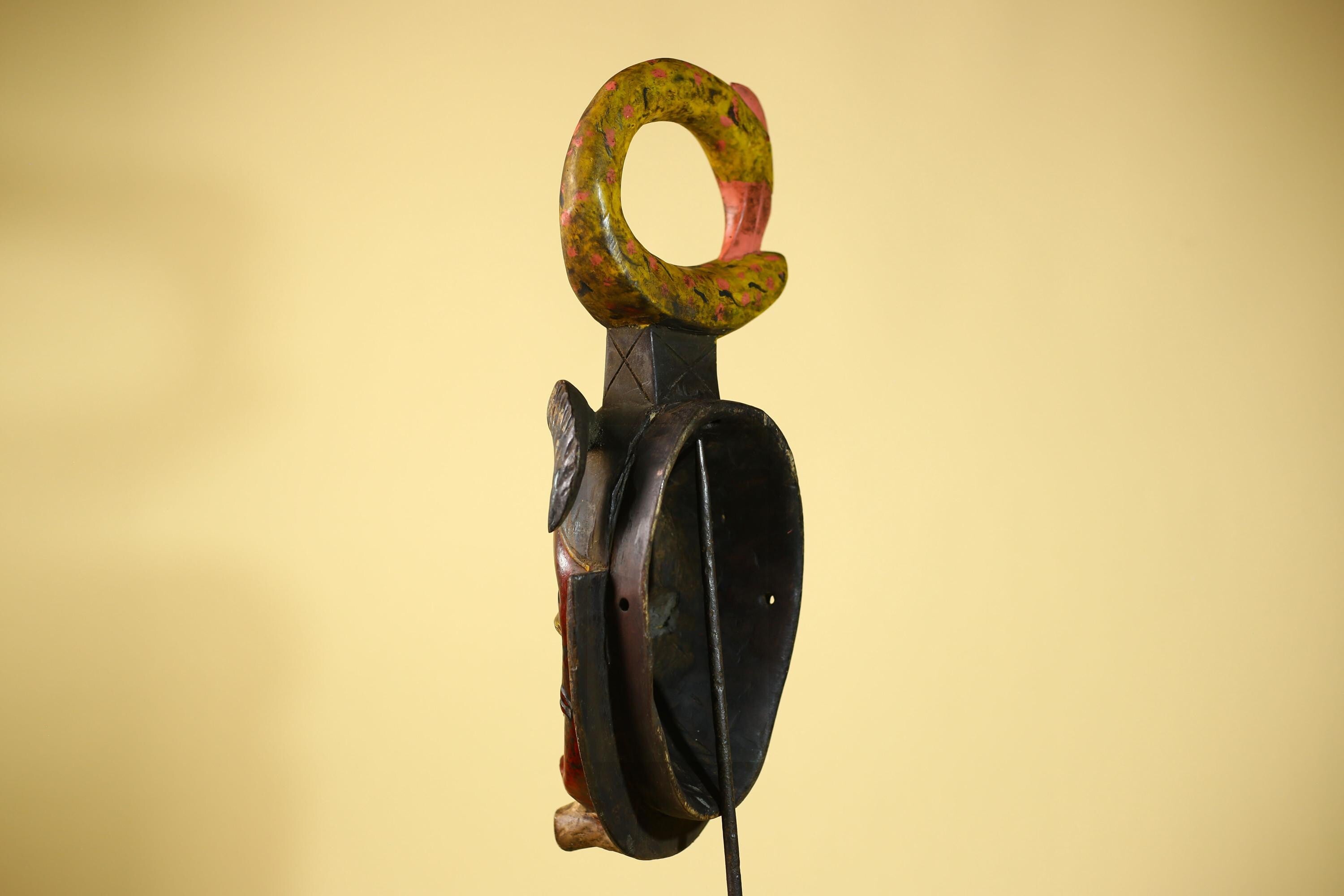 African Guro Tribal Mask  Wall Art Hand Carved Serpent Crest Home Decor-G6064