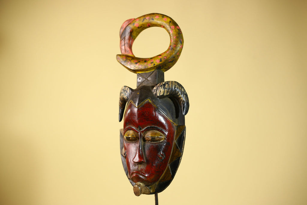 African Guro Tribal Mask  Wall Art Hand Carved Serpent Crest Home Decor-G6064