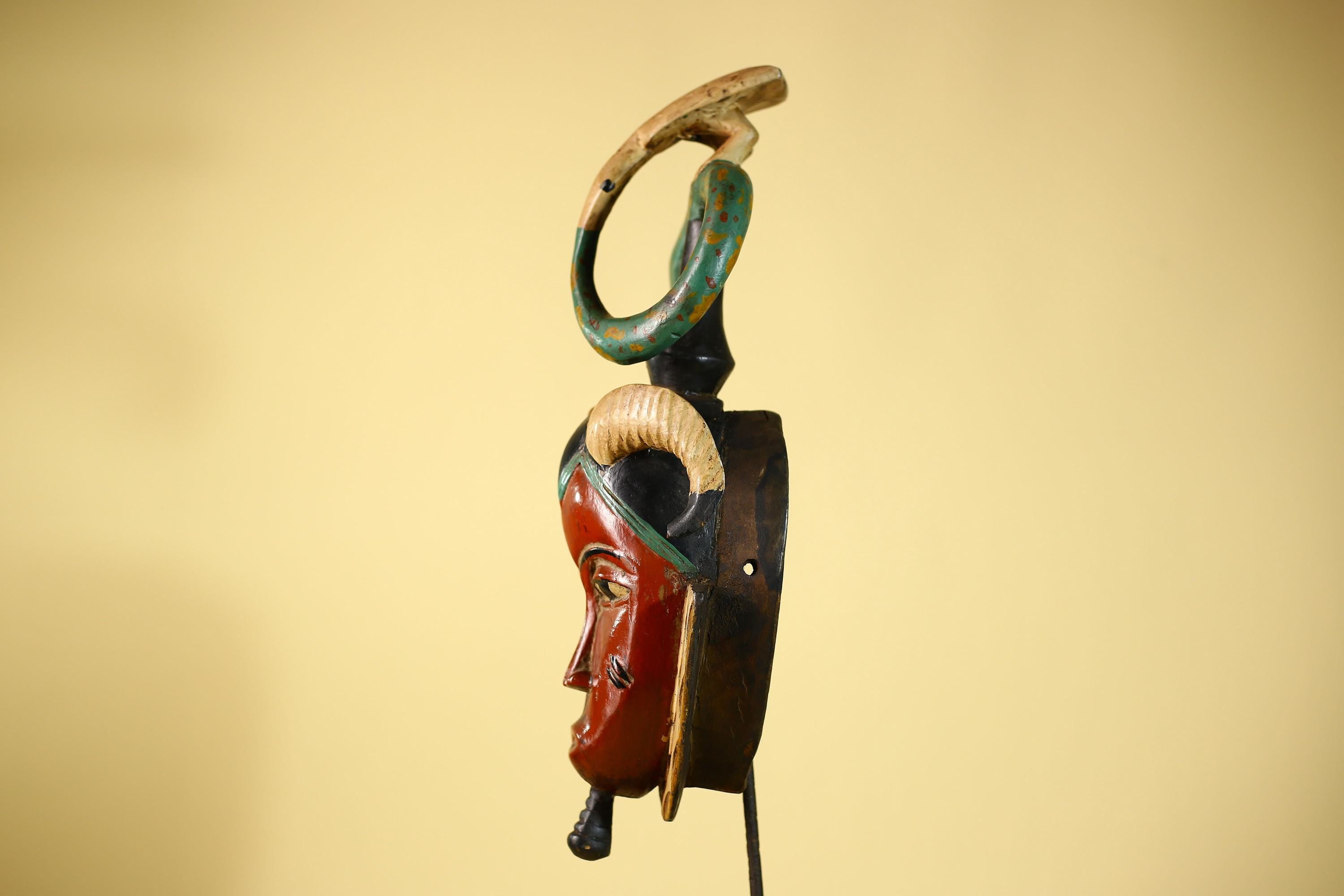Vintage African Guro Tribal Mask Red Face Horn Serpent Art Sculpture Decor-G6065