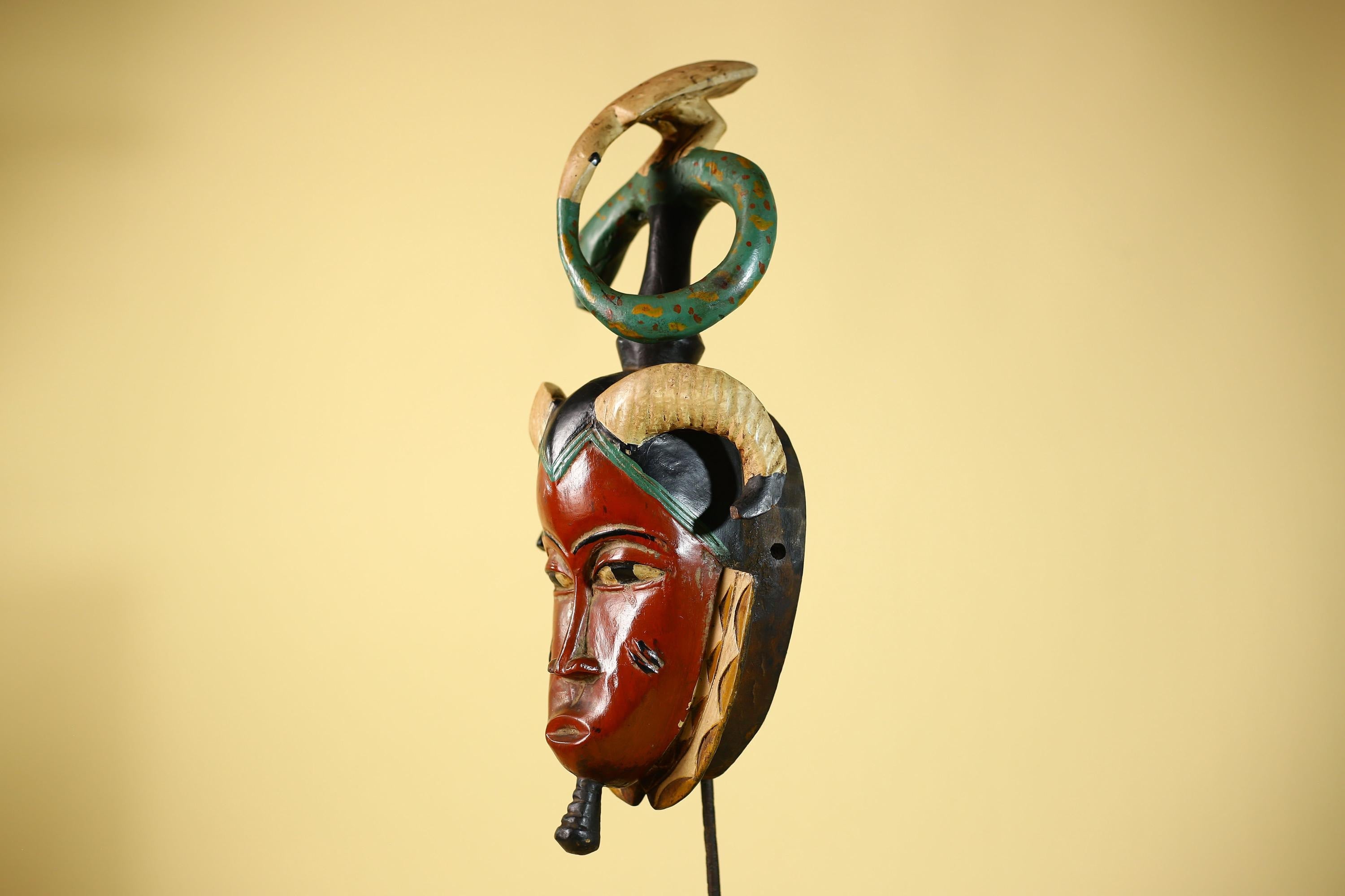 Vintage African Guro Tribal Mask Red Face Horn Serpent Art Sculpture Decor-G6065