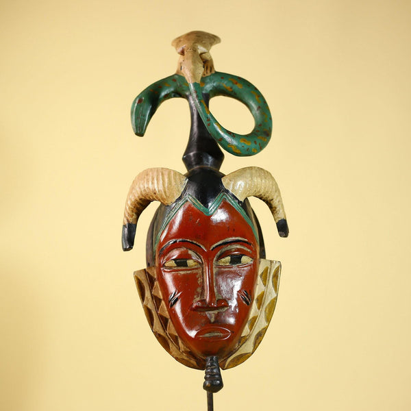 Vintage African Guro Tribal Mask Red Face Horn Serpent Art Sculpture Decor-G6065