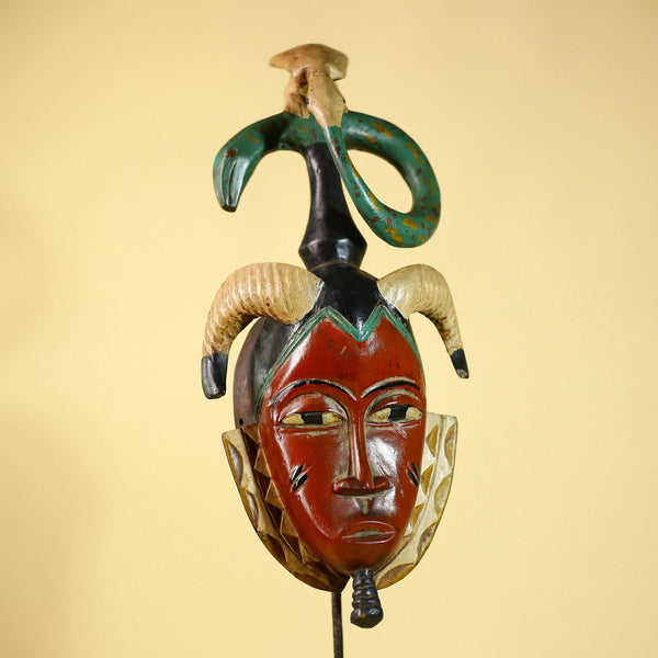 Vintage African Guro Tribal Mask Red Face Horn Serpent Art Sculpture Decor-G6065
