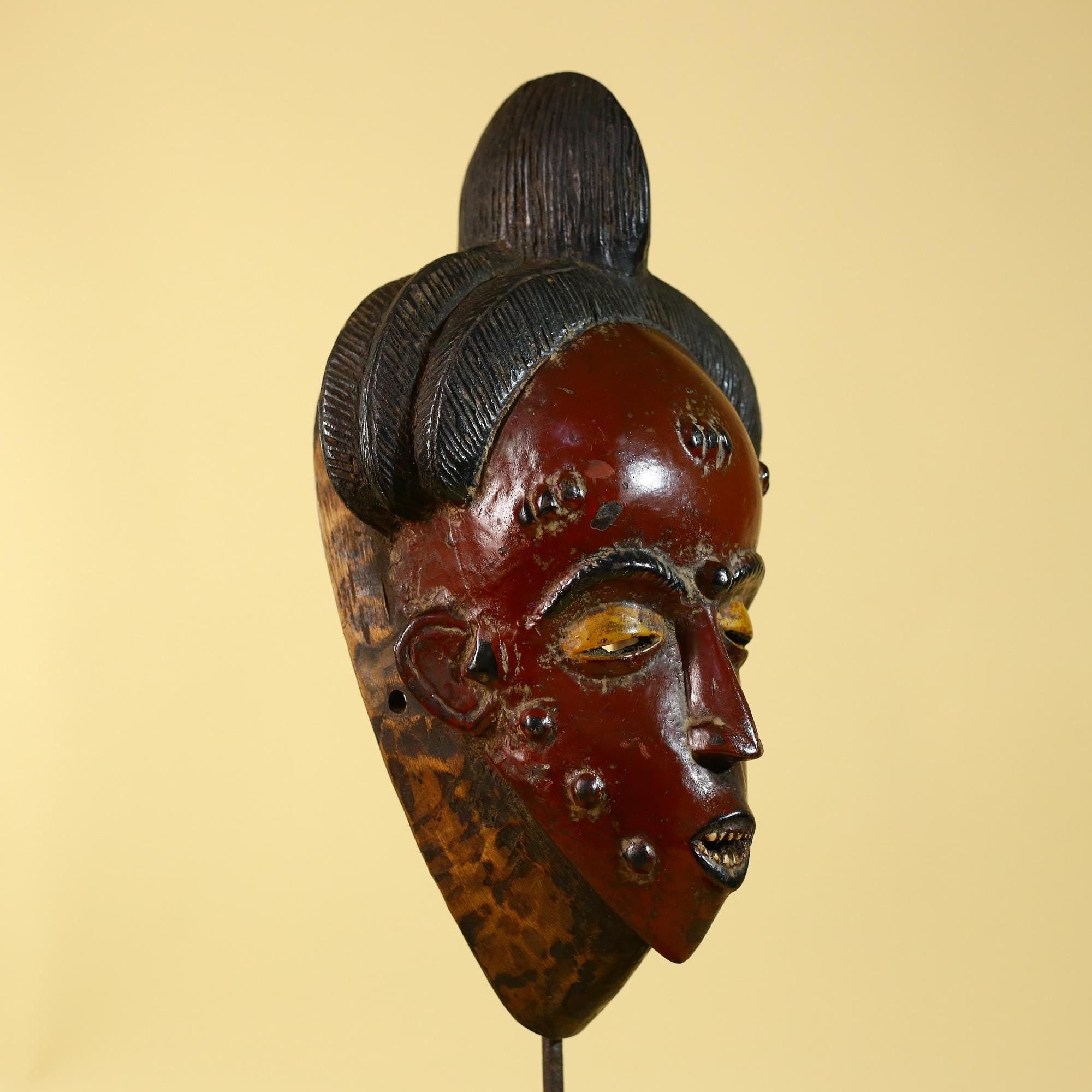 African Mask Hand Carved Wooden- Baule Tribal Art Vintage African Wall Art-G6170