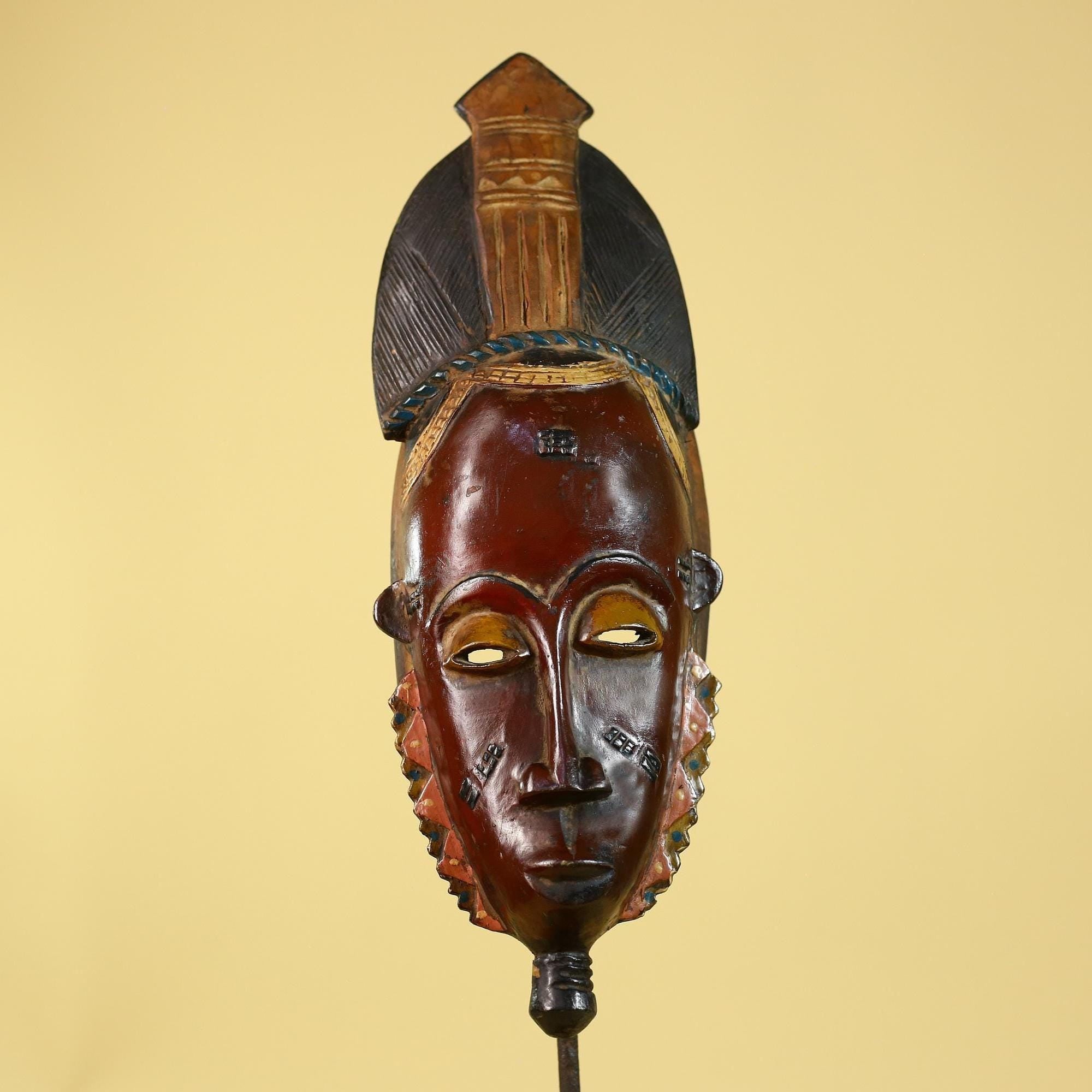 Vintage Baule African Mask, Hand Carved Wooden African Art Wall Decor-G6173