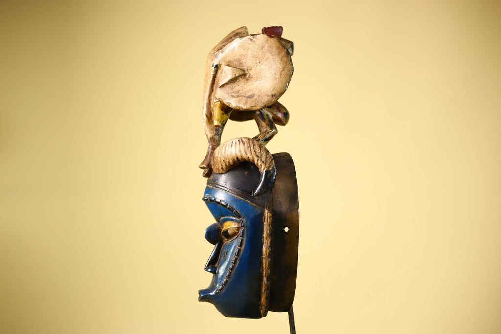 Handmade Guro Tribal Art Blue Face Decor with Elephant & Horn Accents-G6066