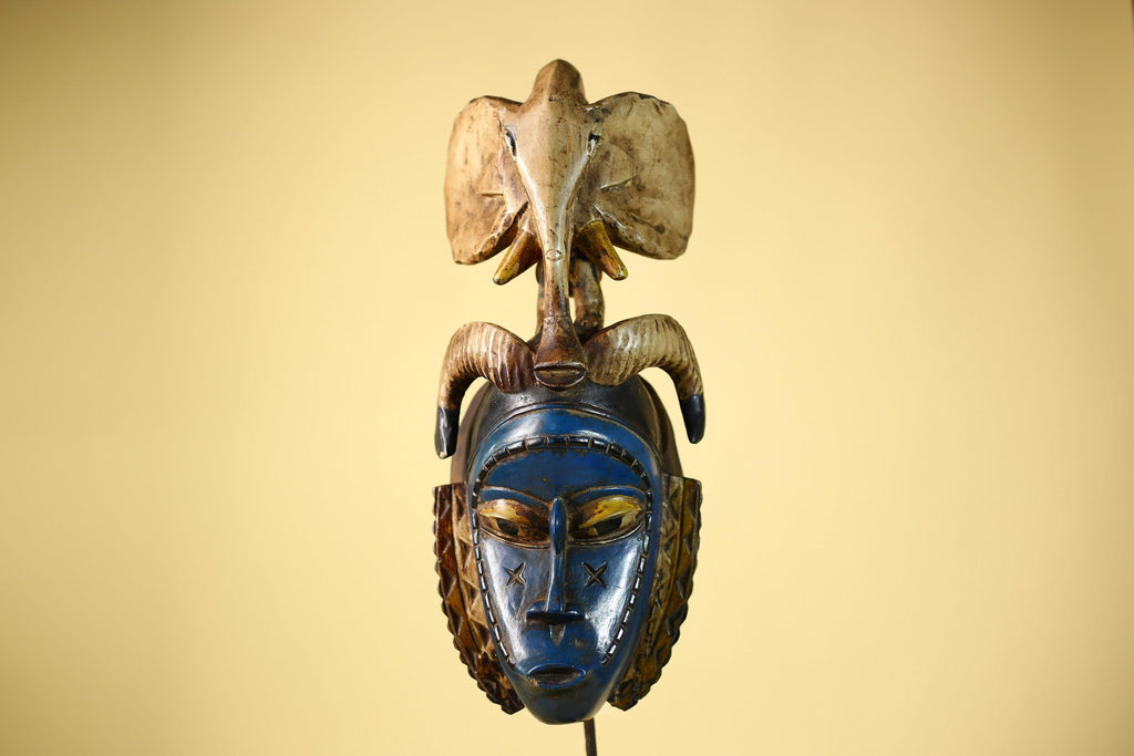 Handmade Guro Tribal Art Blue Face Decor with Elephant & Horn Accents-G6066
