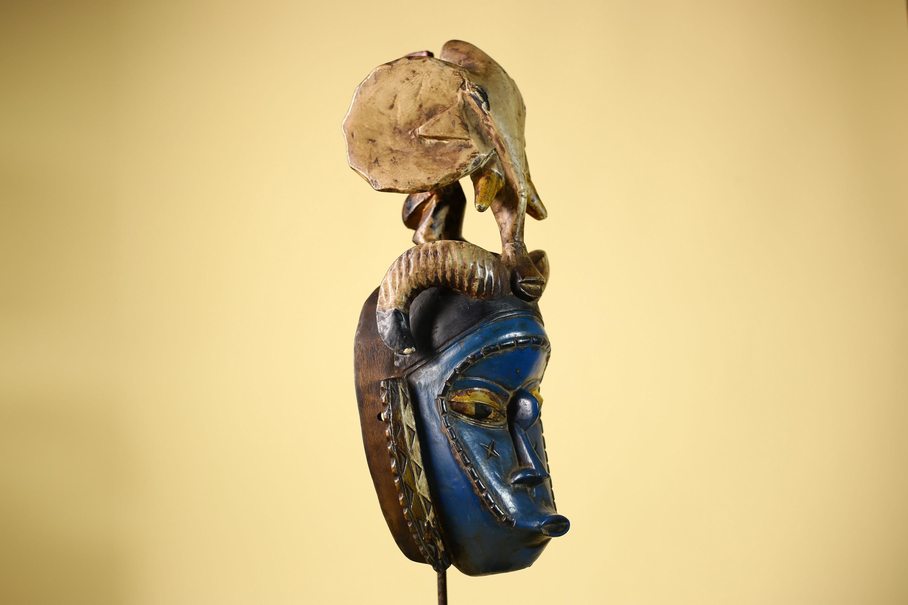 Handmade Guro Tribal Art Blue Face Decor with Elephant & Horn Accents-G6066