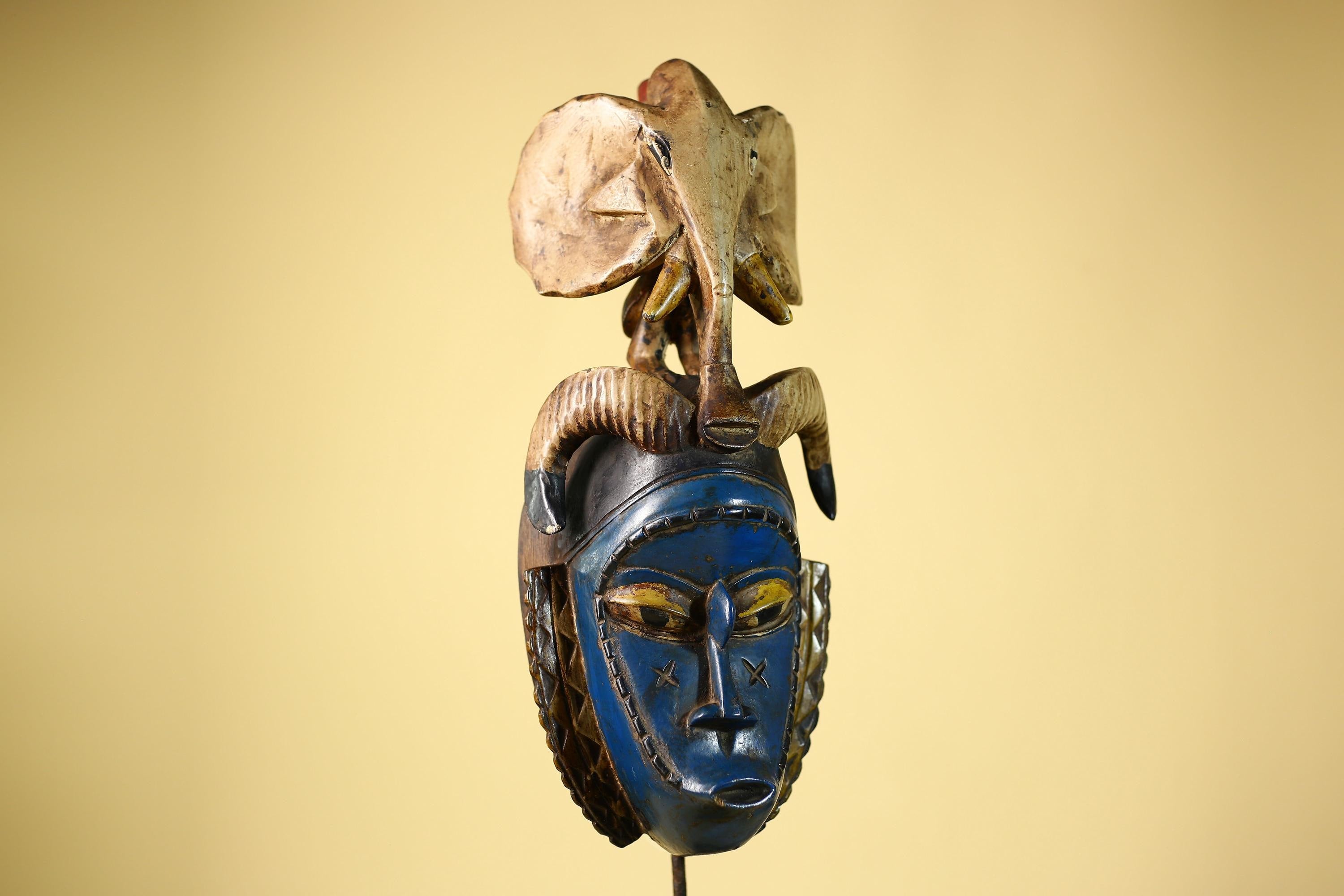 Handmade Guro Tribal Art Blue Face Decor with Elephant & Horn Accents-G6066