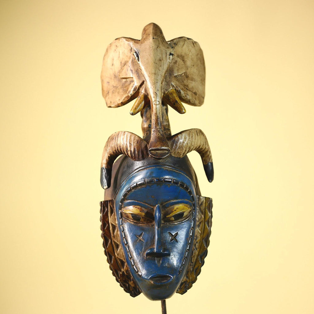 Handmade Guro Tribal Art Blue Face Decor with Elephant & Horn Accents-G6066
