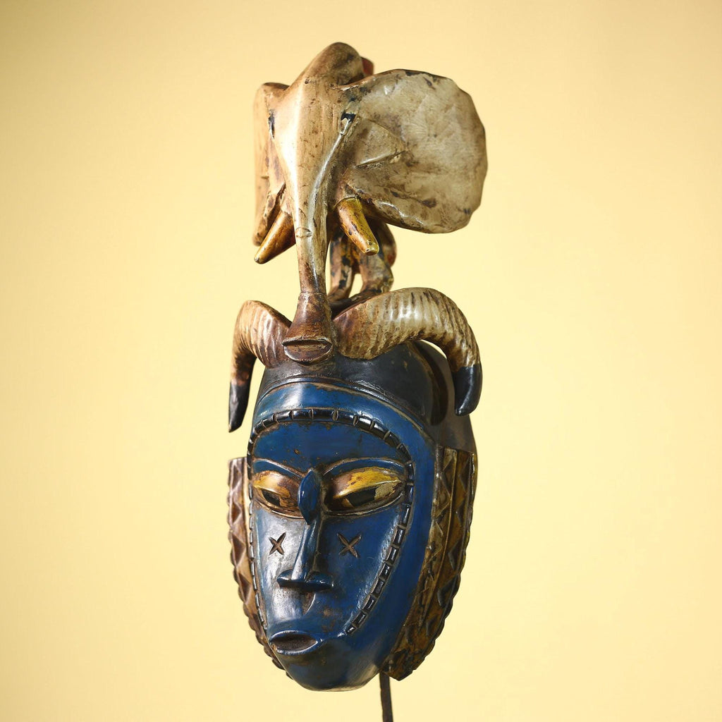 Handmade Guro Tribal Art Blue Face Decor with Elephant & Horn Accents-G6066