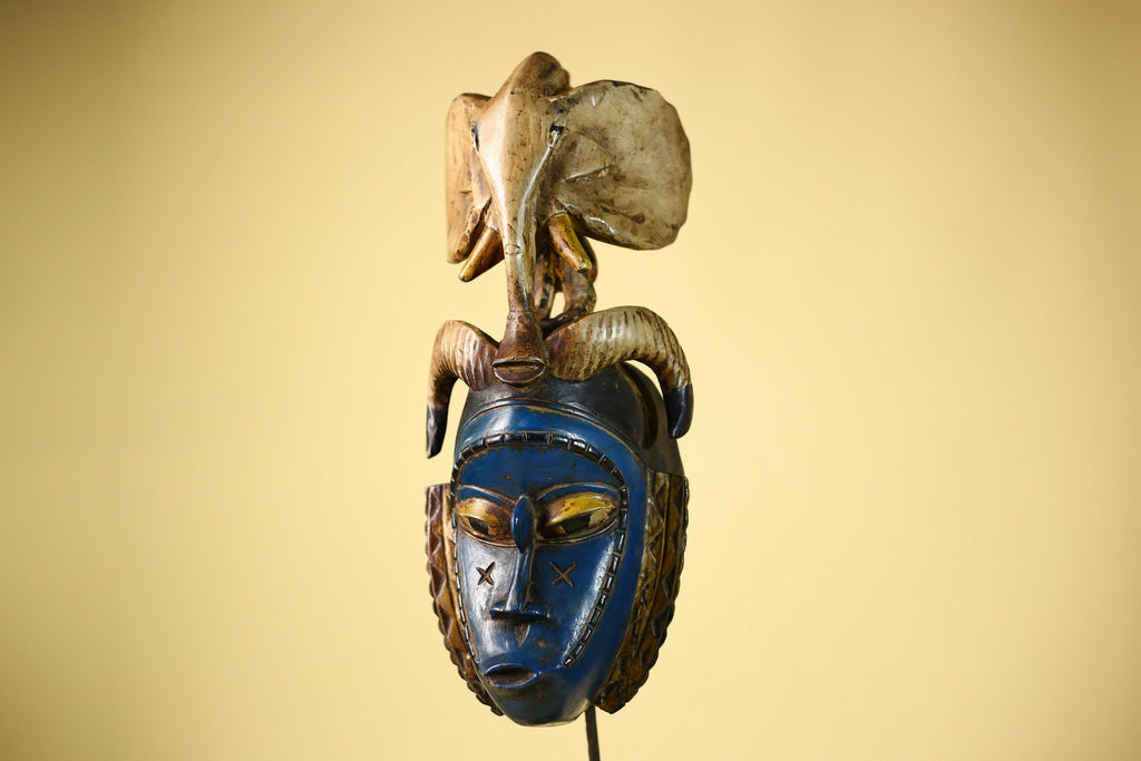 Handmade Guro Tribal Art Blue Face Decor with Elephant & Horn Accents-G6066