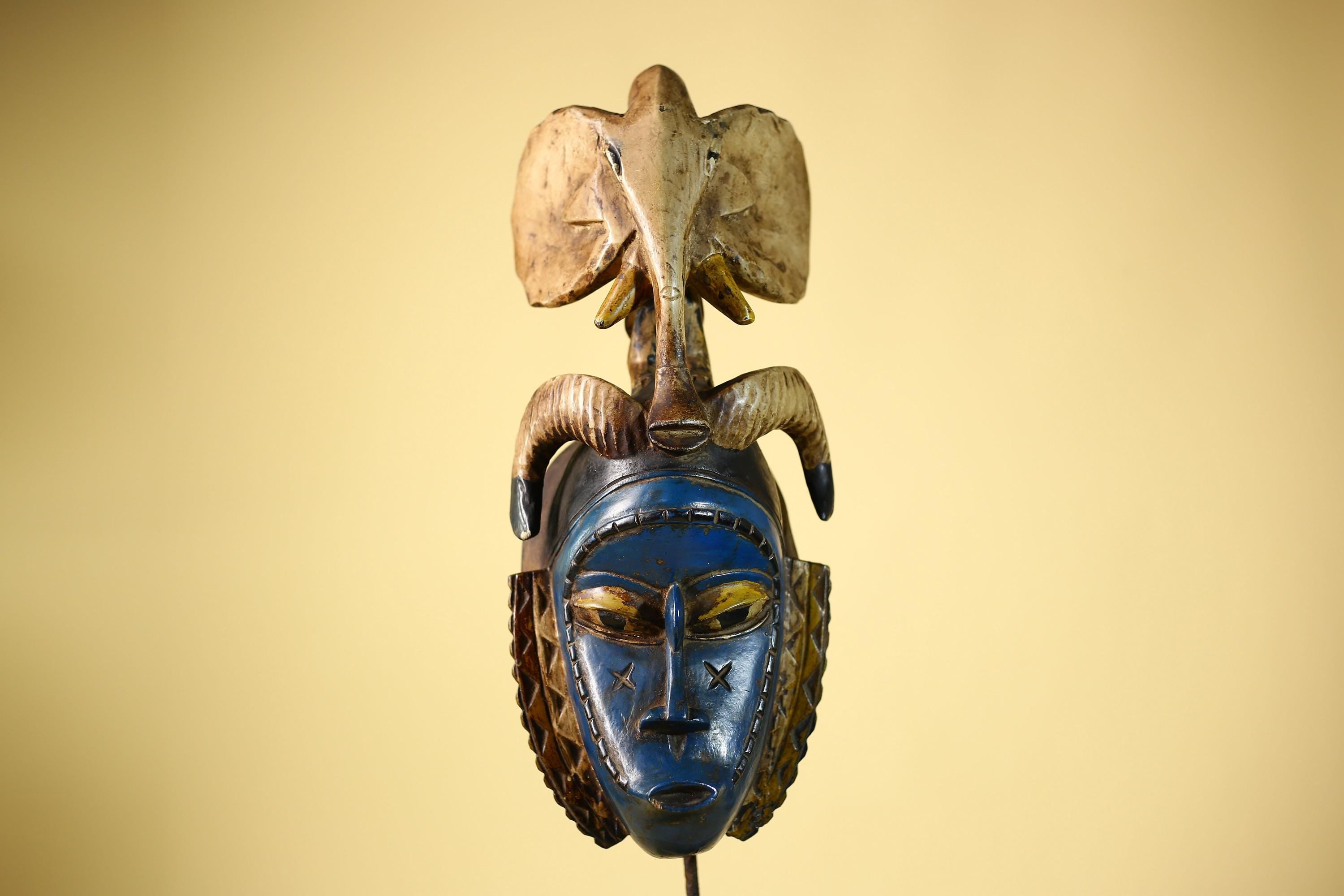 Handmade Guro Tribal Art Blue Face Decor with Elephant & Horn Accents-G6066