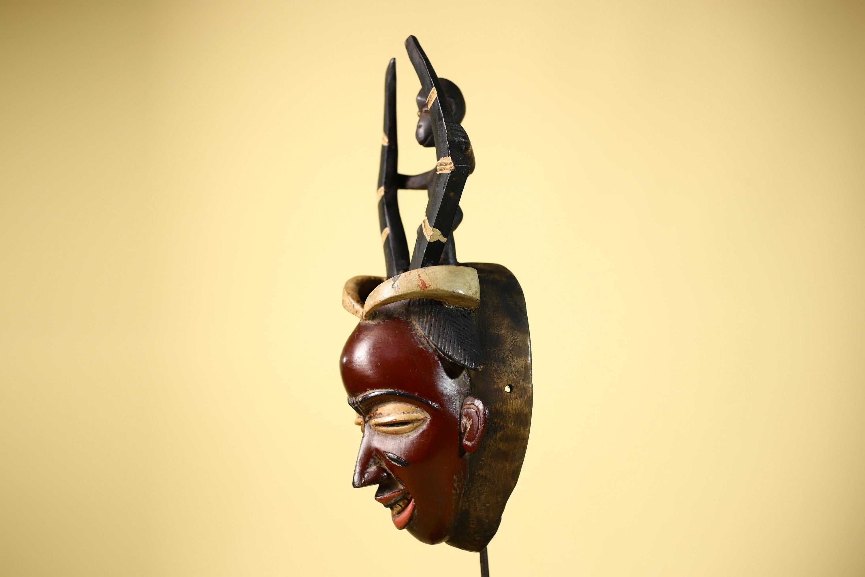 Handmade Guro Tribal Mask with Figure Horns Vintage African Wood Decor-G6067