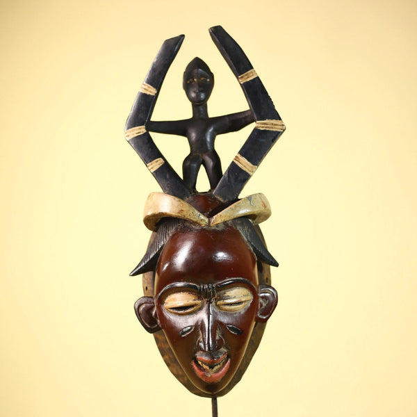 Handmade Guro Tribal Mask with Figure Horns Vintage African Wood Decor-G6067
