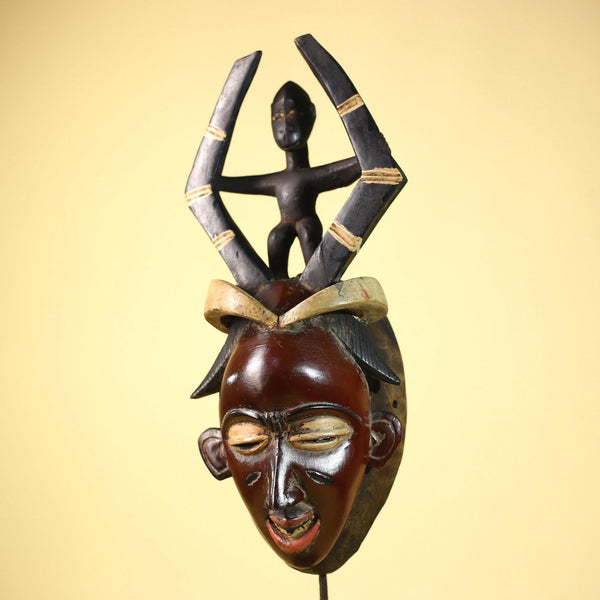 Handmade Guro Tribal Mask with Figure Horns Vintage African Wood Decor-G6067