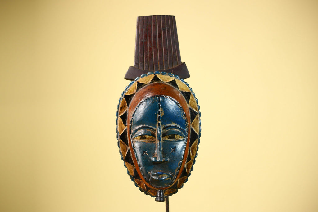 African Handmade Baule Spirit Mask Carved Wall Art Blue Red Tribal Decor-G6072