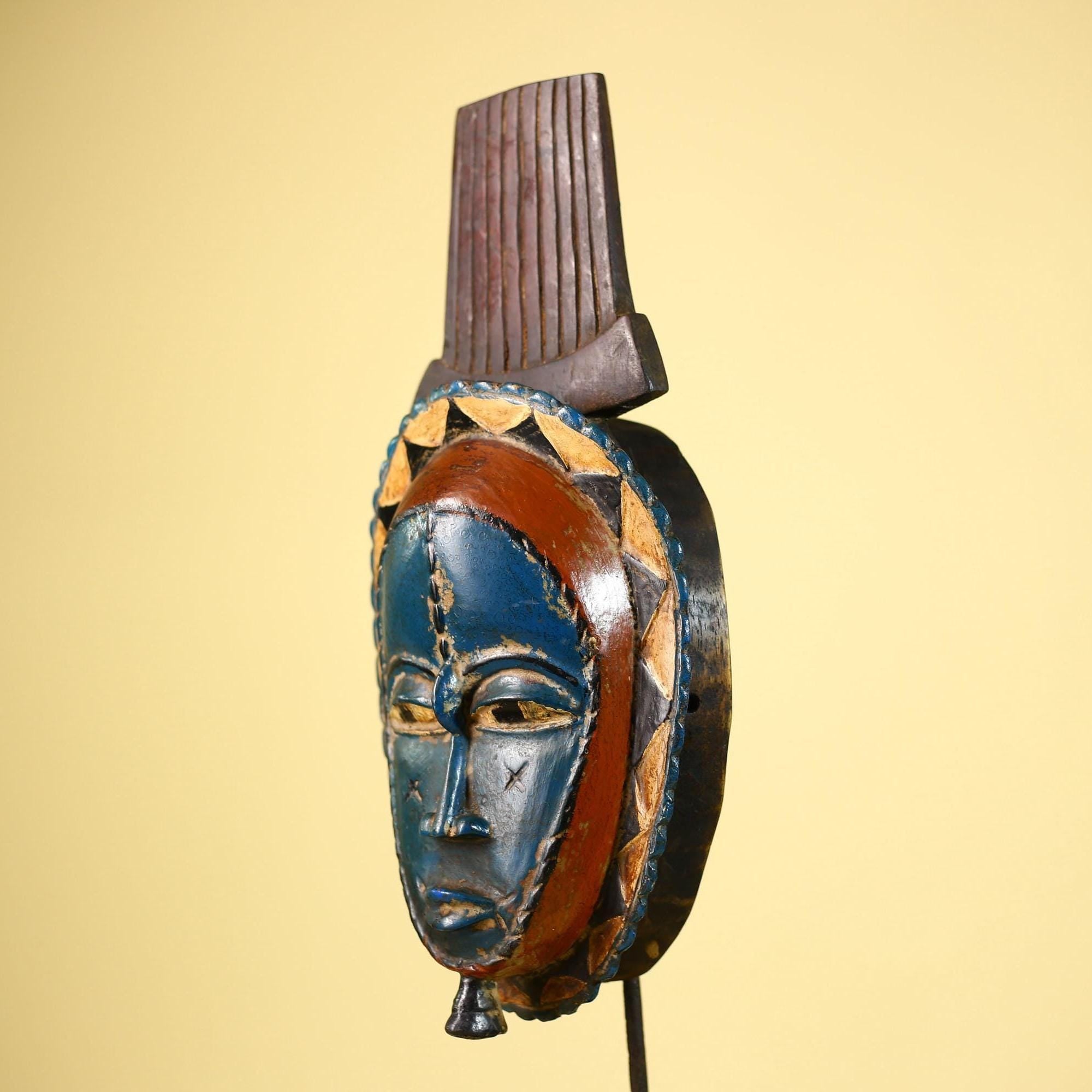 African Handmade Baule Spirit Mask Carved Wall Art Blue Red Tribal Decor-G6072