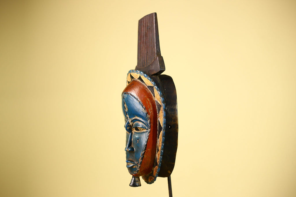 African Handmade Baule Spirit Mask Carved Wall Art Blue Red Tribal Decor-G6072