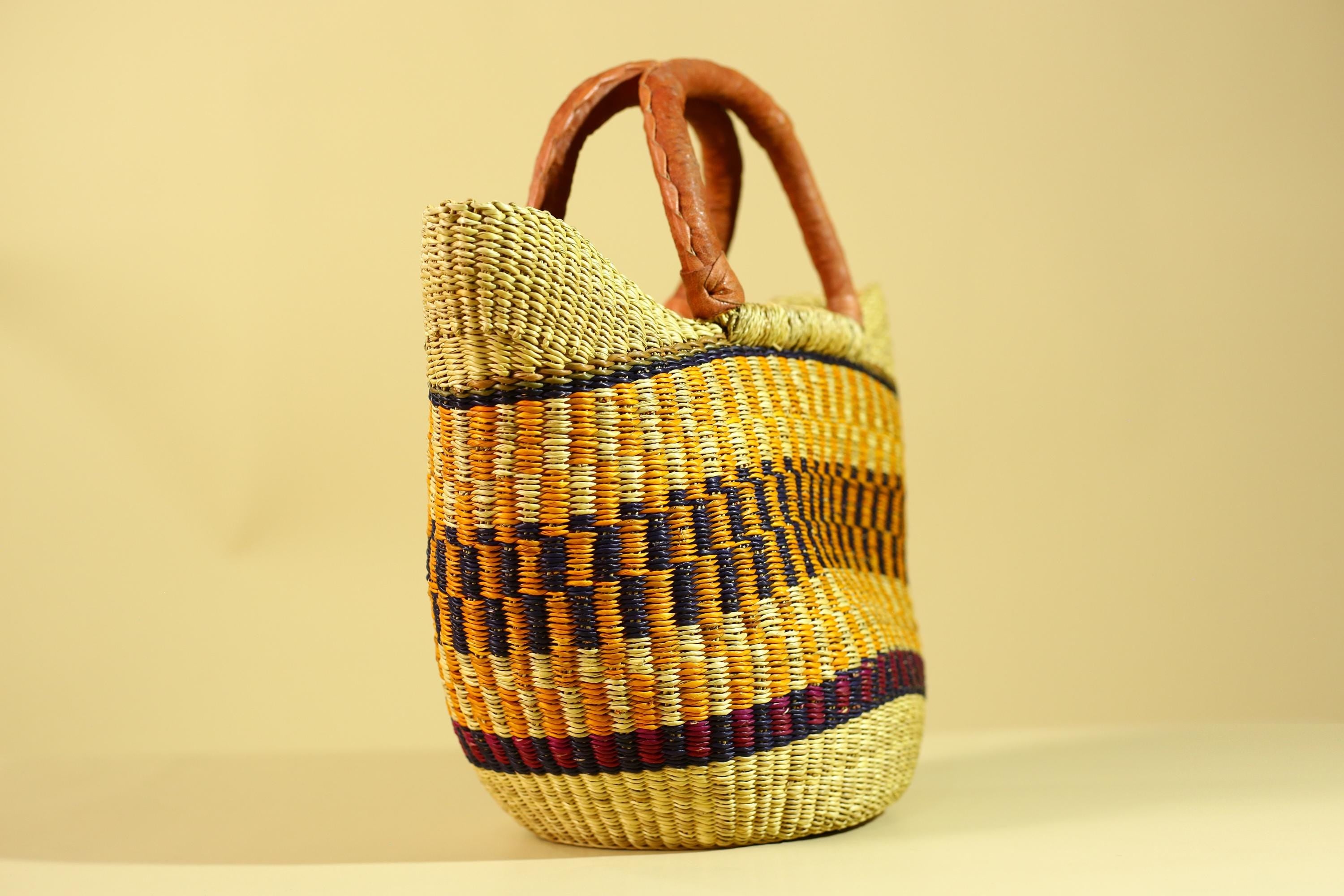 African Bolga Basket Handwoven in Ghana with Leather Handles-G6180