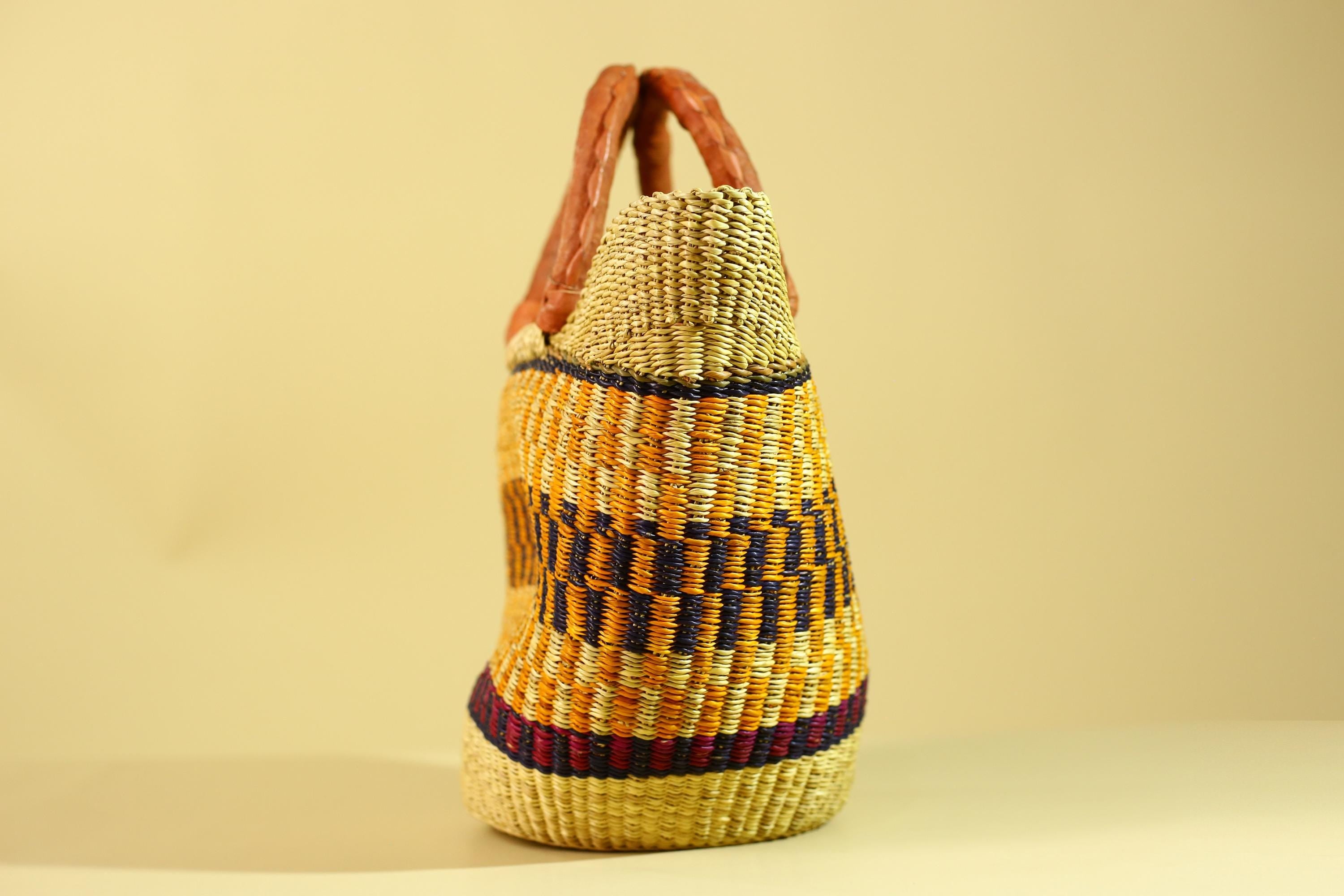 African Bolga Basket Handwoven in Ghana with Leather Handles-G6180