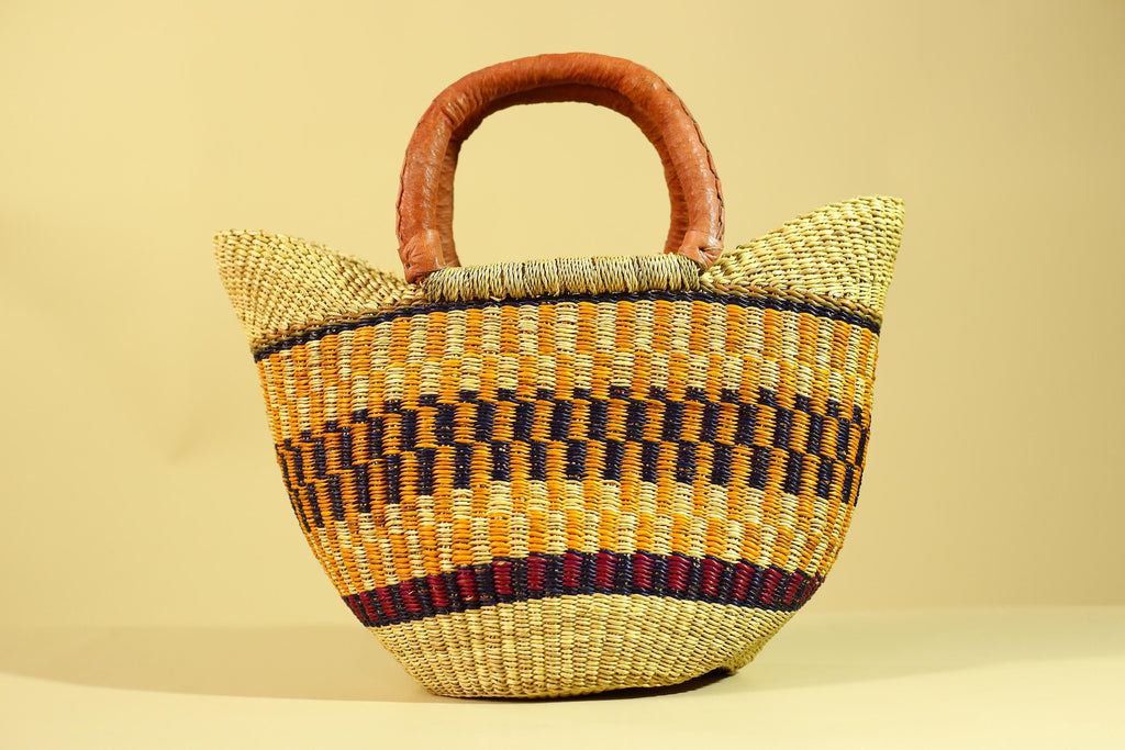 African Bolga Basket Handwoven in Ghana with Leather Handles-G6180