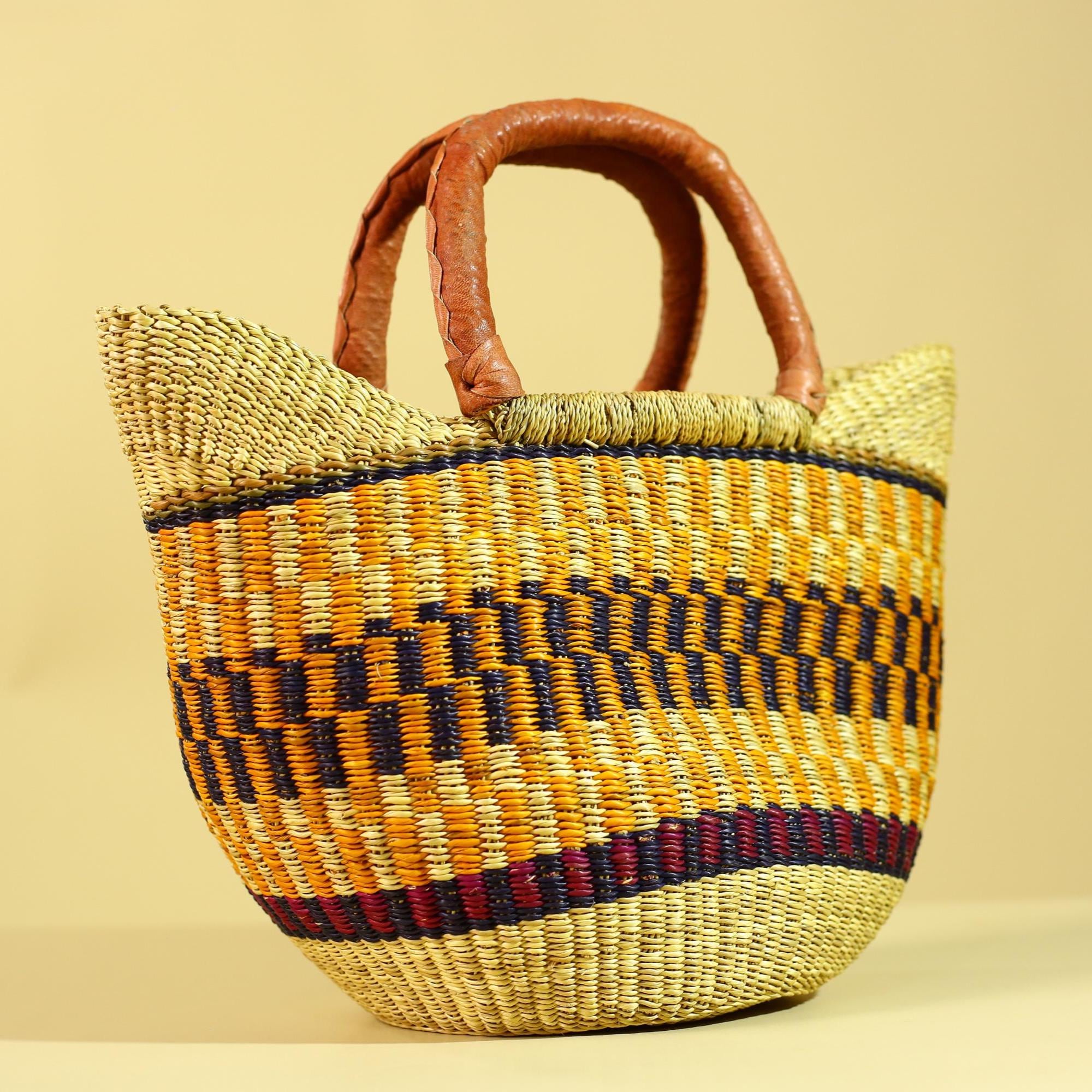 African Bolga Basket Handwoven in Ghana with Leather Handles-G6180