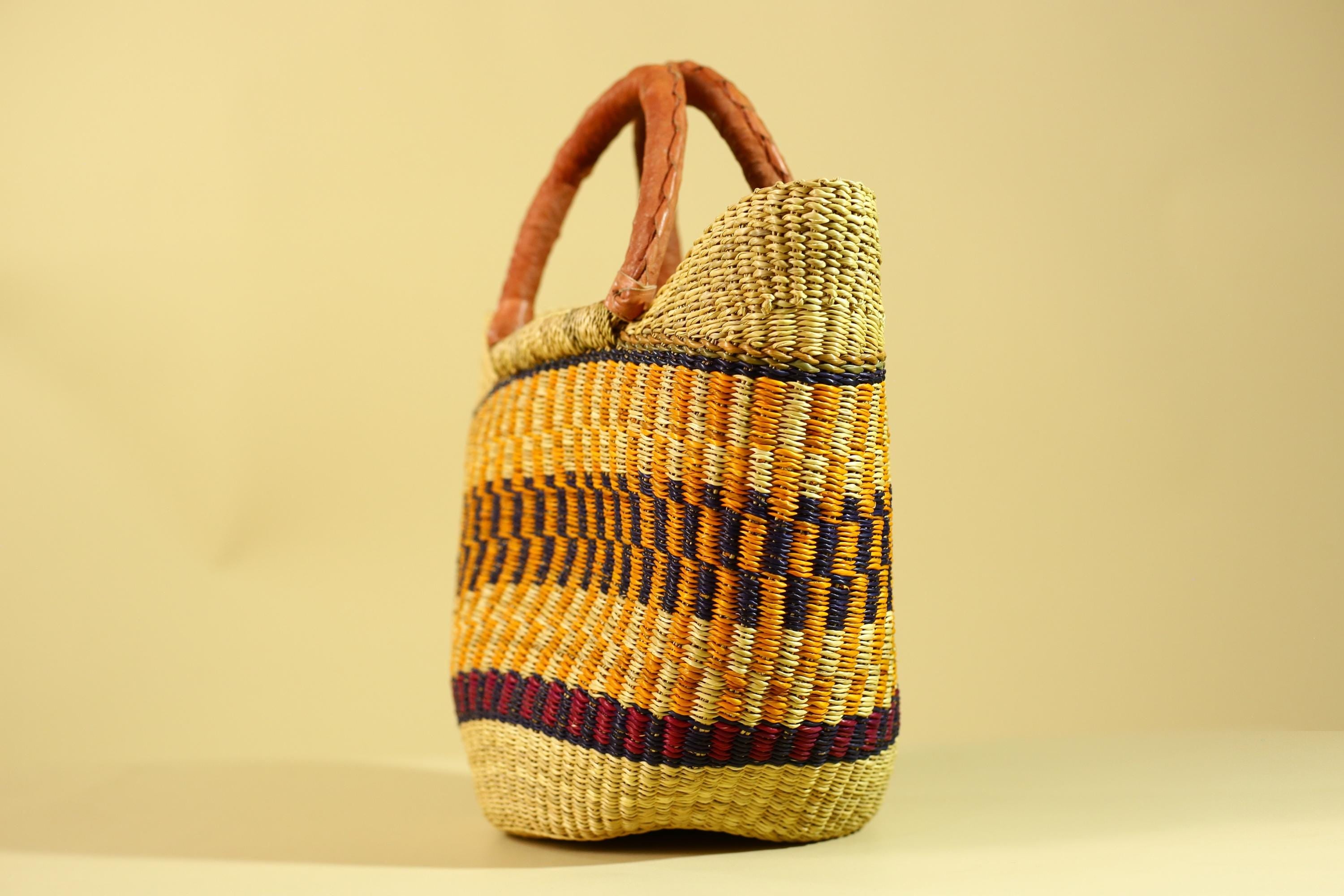 African Bolga Basket Handwoven in Ghana with Leather Handles-G6180