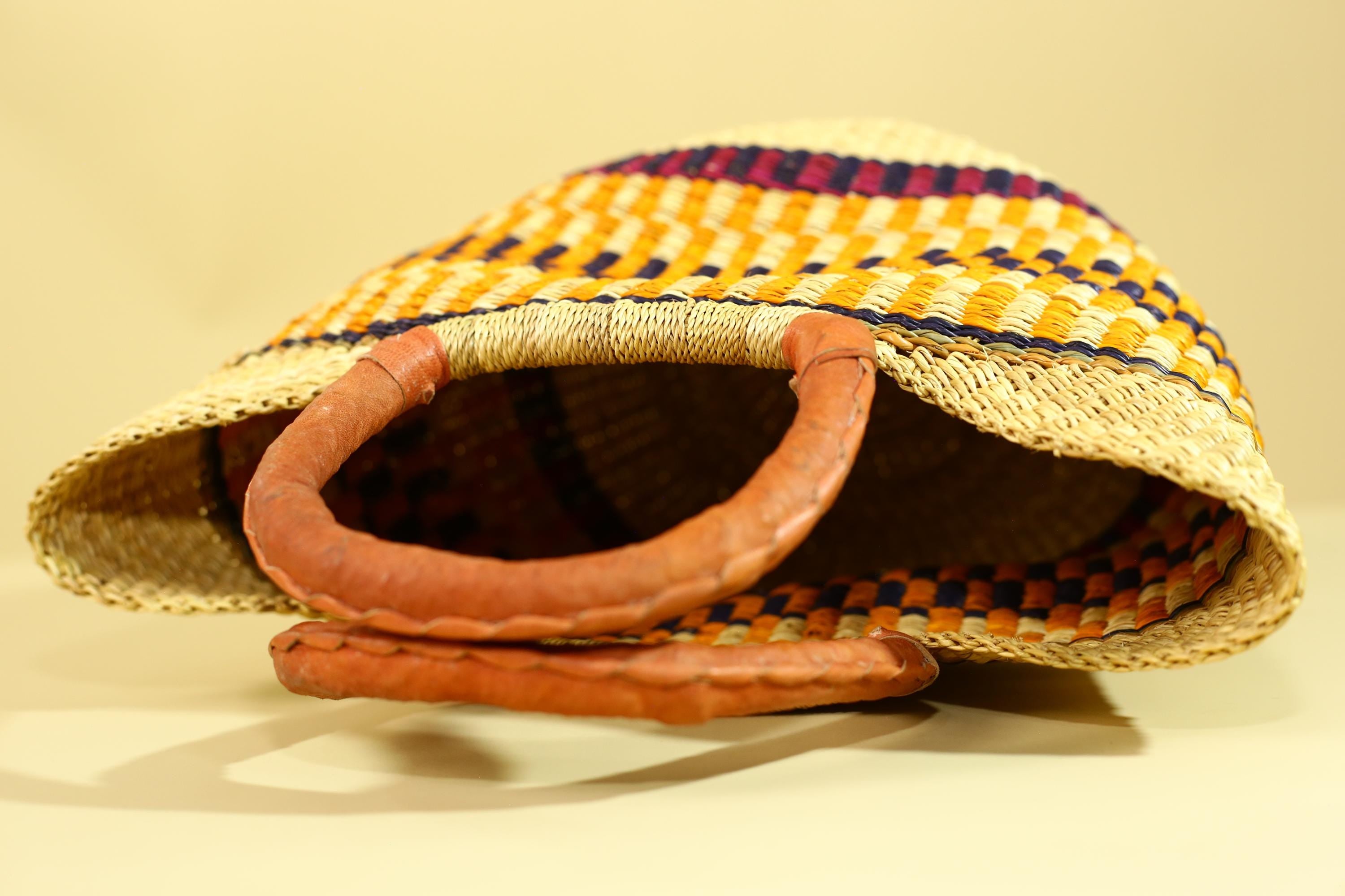 African Bolga Basket Handwoven in Ghana with Leather Handles-G6180