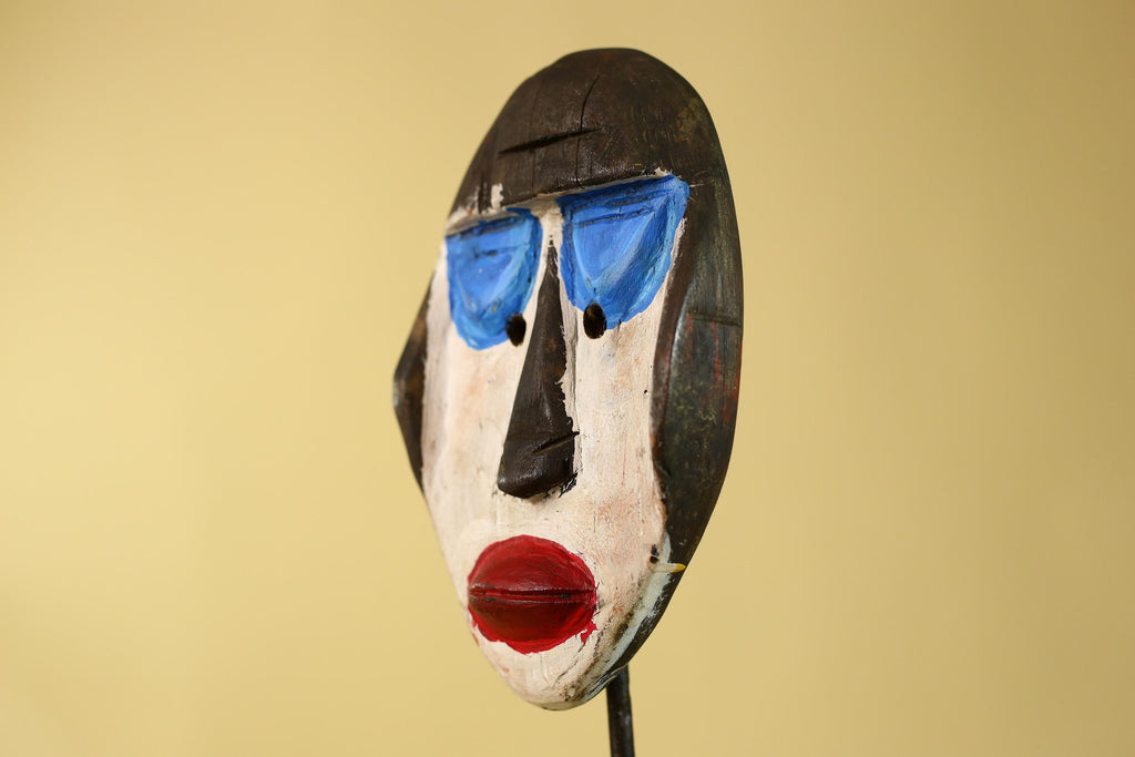 African Punu Wooden Mask With White Face Blue Eyes Tribal Art Gabon-G6182