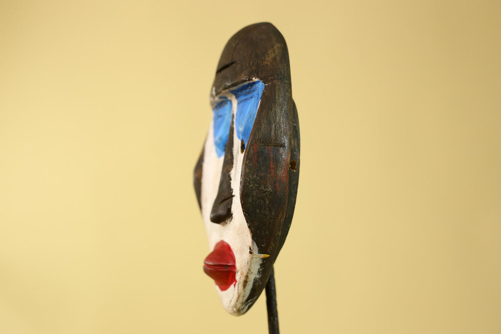 African Punu Wooden Mask With White Face Blue Eyes Tribal Art Gabon-G6182