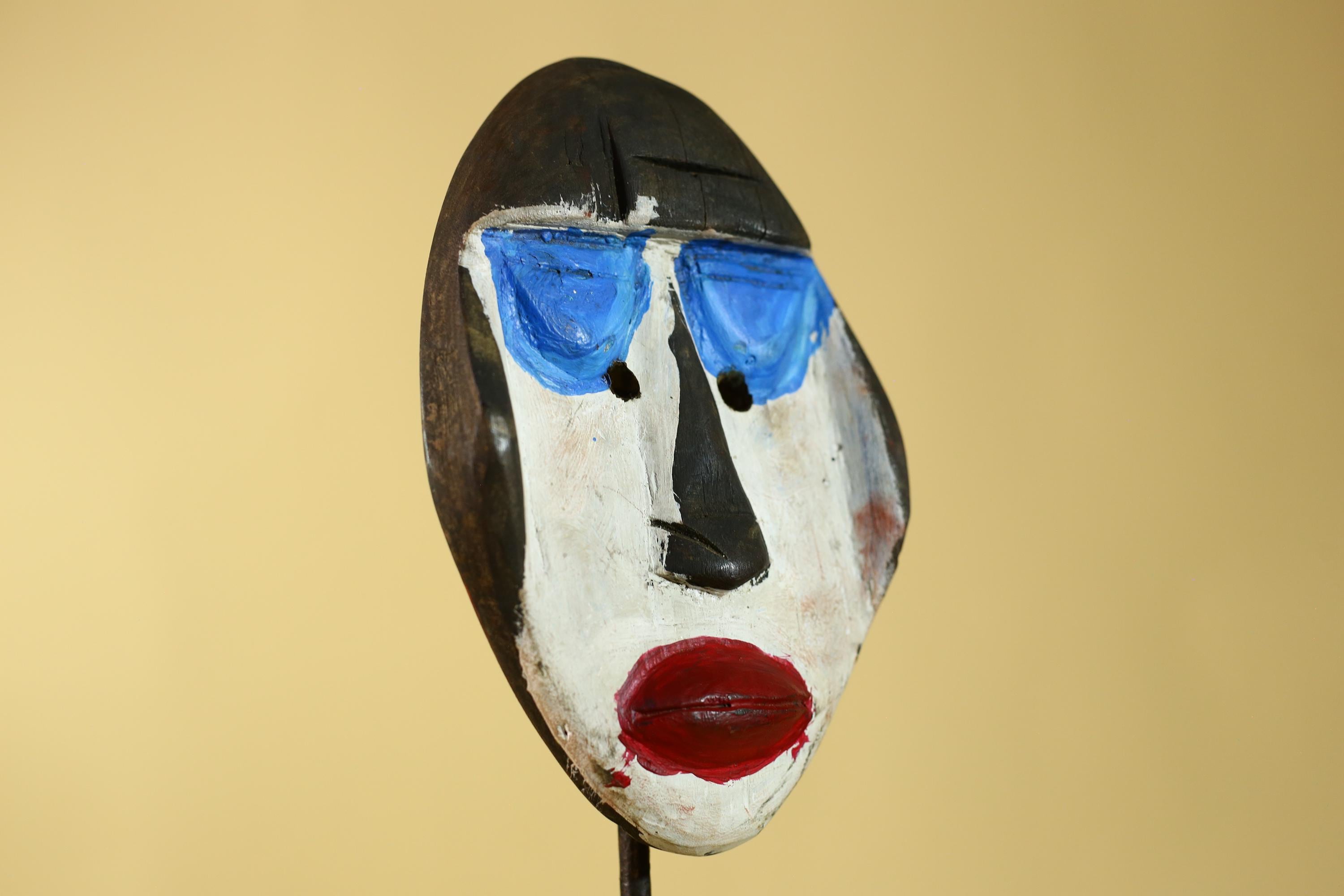 African Punu Wooden Mask With White Face Blue Eyes Tribal Art Gabon-G6182
