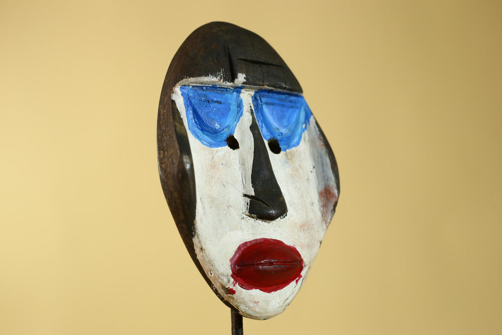 African Punu Wooden Mask With White Face Blue Eyes Tribal Art Gabon-G6182