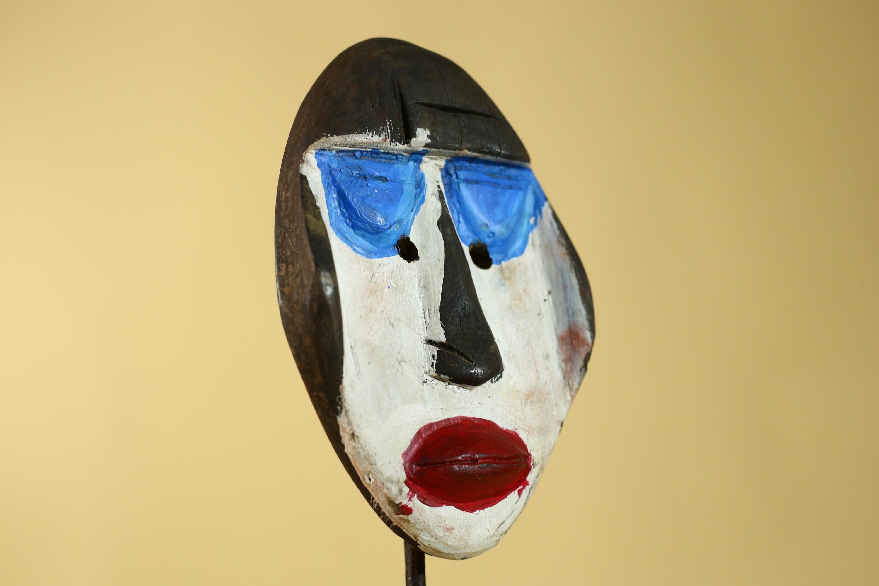 African Punu Wooden Mask With White Face Blue Eyes Tribal Art Gabon-G6182