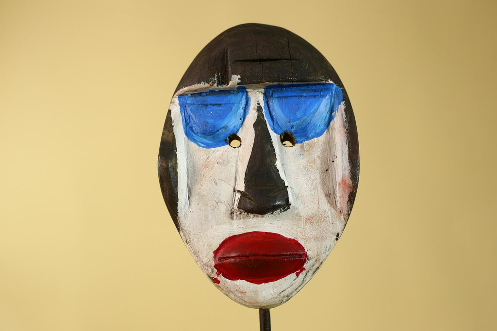 African Punu Wooden Mask With White Face Blue Eyes Tribal Art Gabon-G6182