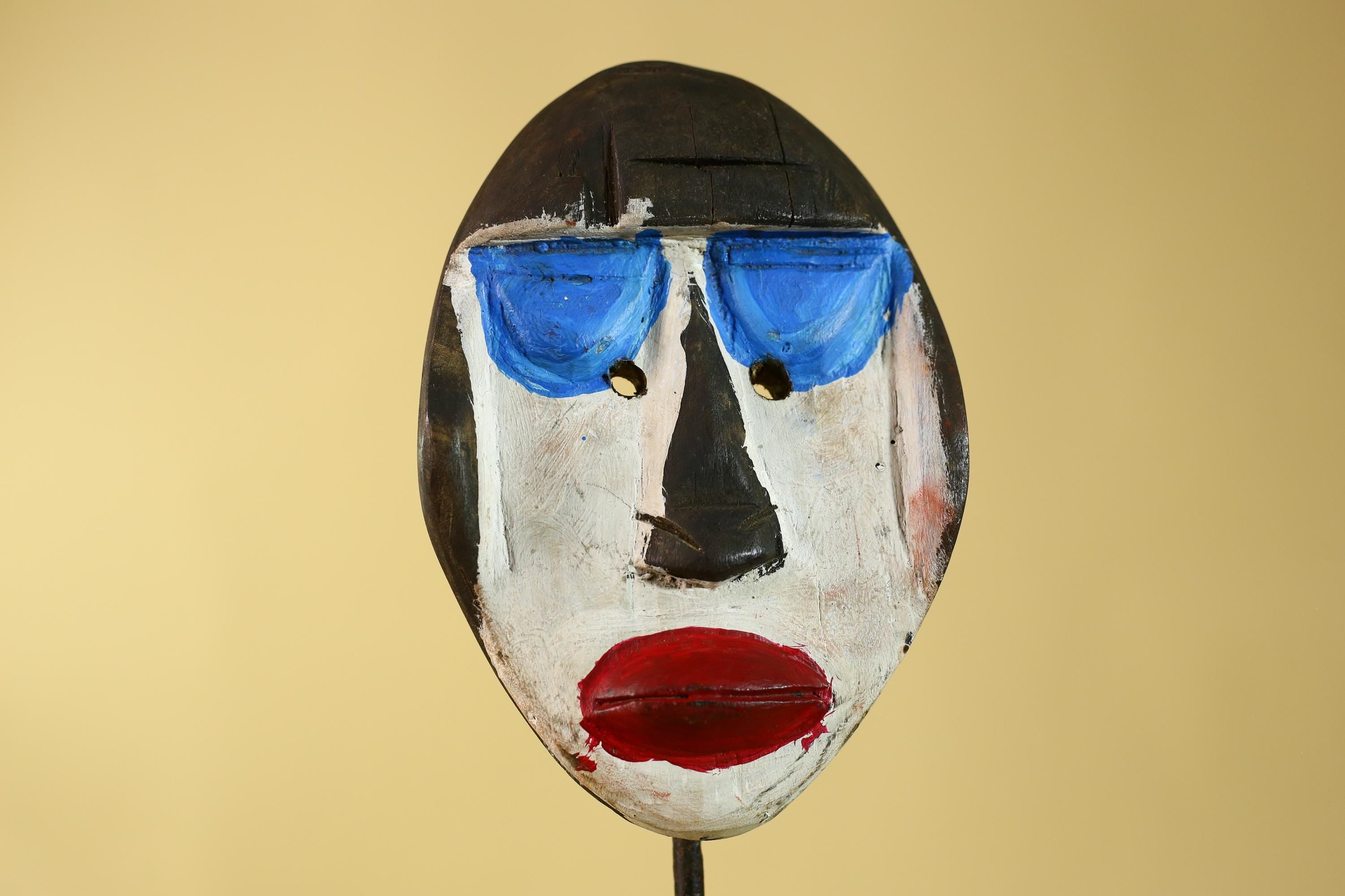 African Punu Wooden Mask With White Face Blue Eyes Tribal Art Gabon-G6182