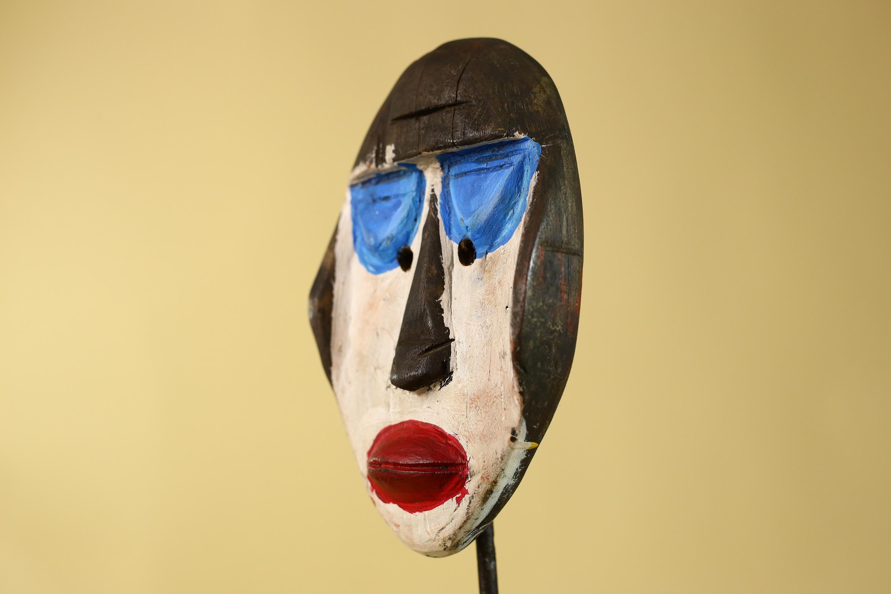African Punu Wooden Mask With White Face Blue Eyes Tribal Art Gabon-G6182