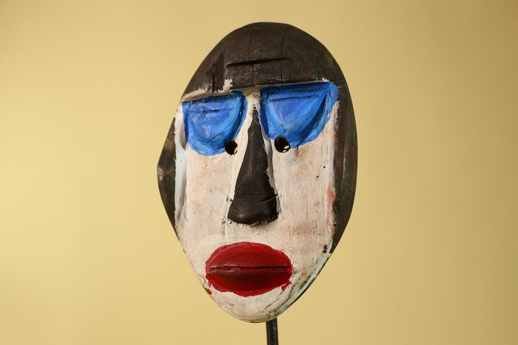 African Punu Wooden Mask With White Face Blue Eyes Tribal Art Gabon-G6182