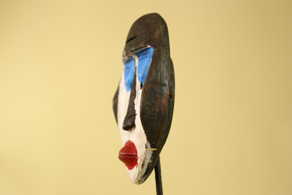 African Punu Wooden Mask With White Face Blue Eyes Tribal Art Gabon-G6182