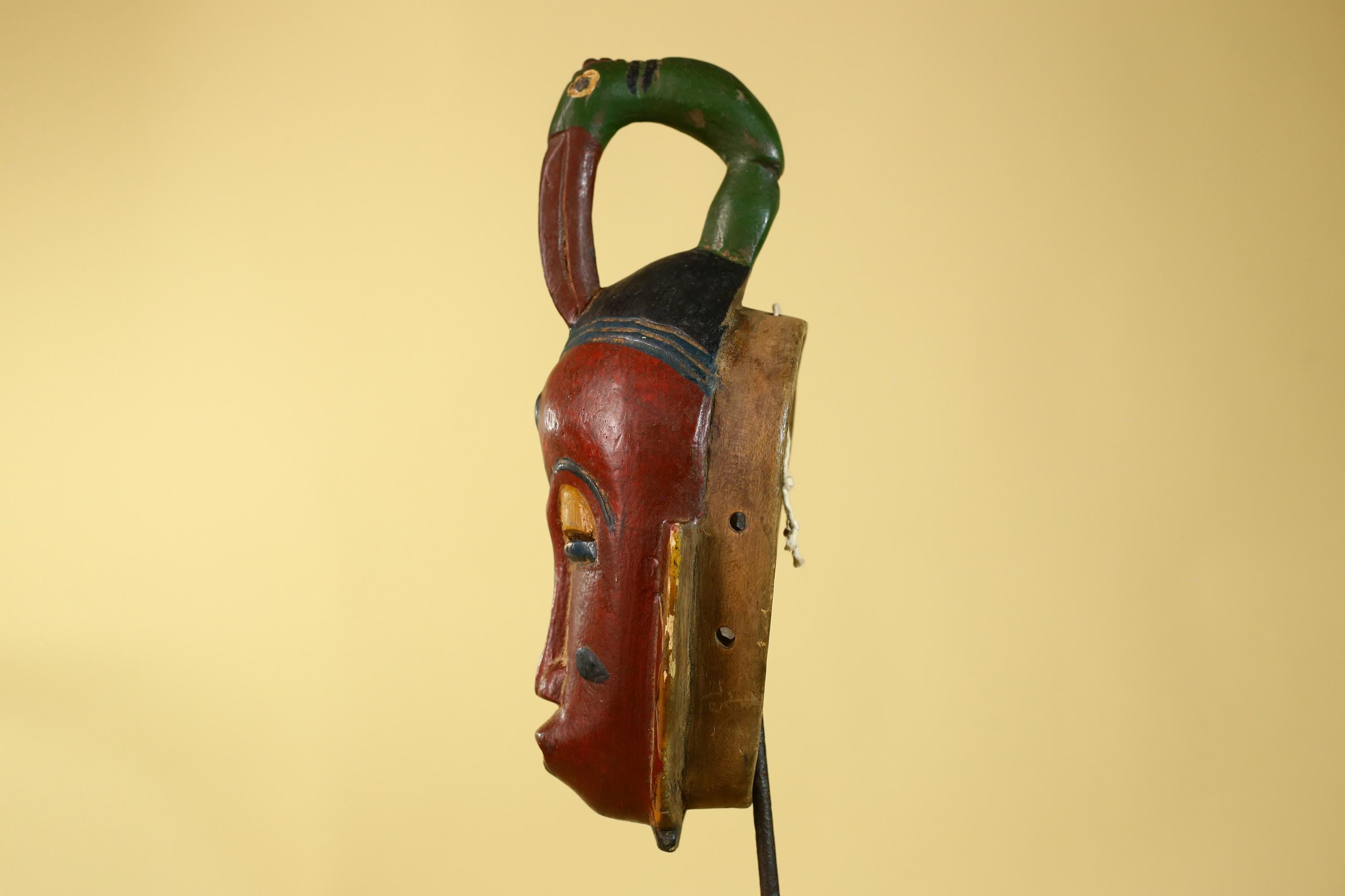 Vintage African Baule Style Mask with Bird Crest, Hand Carved Tribal Wall Art-G6184