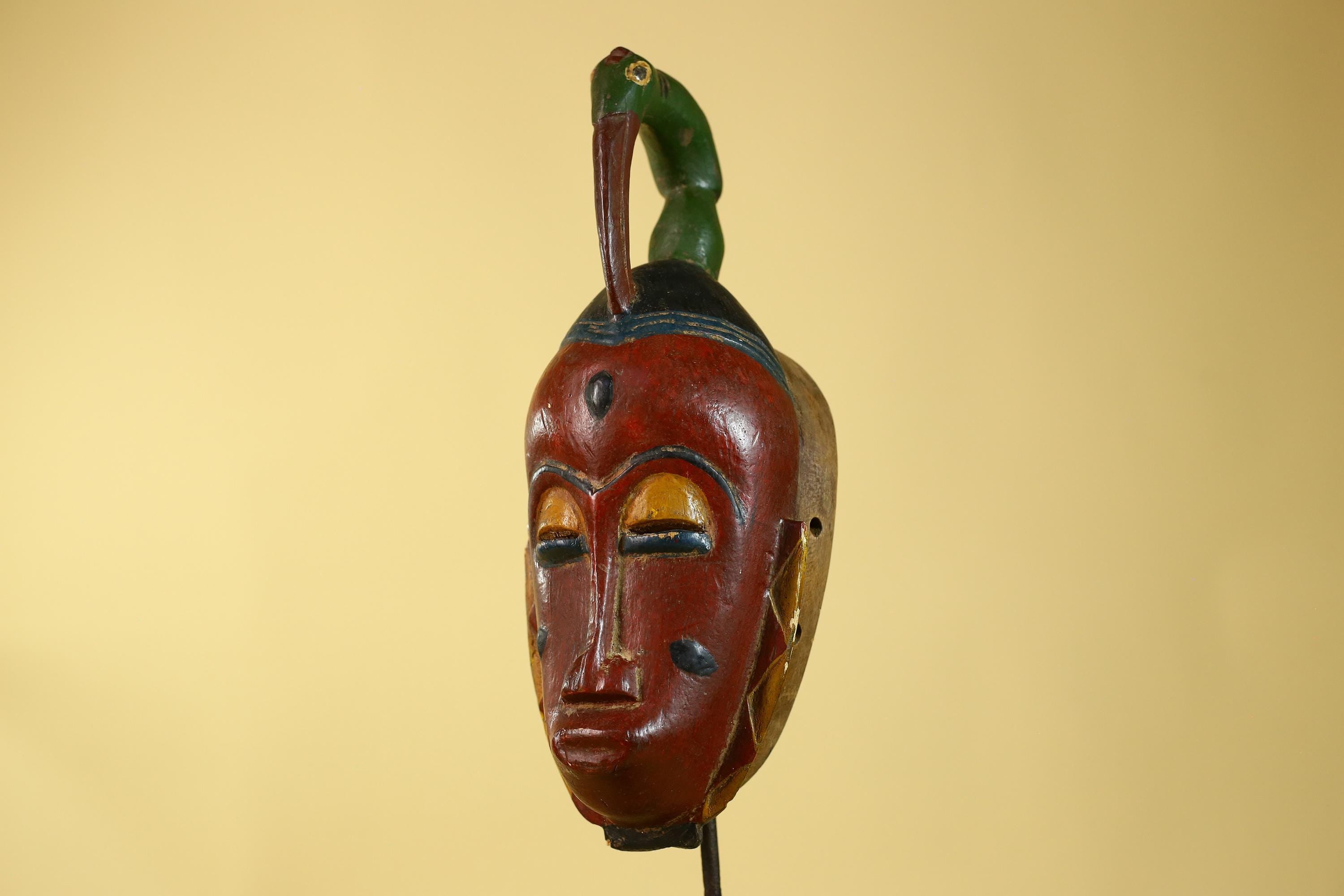 Vintage African Baule Style Mask with Bird Crest, Hand Carved Tribal Wall Art-G6184
