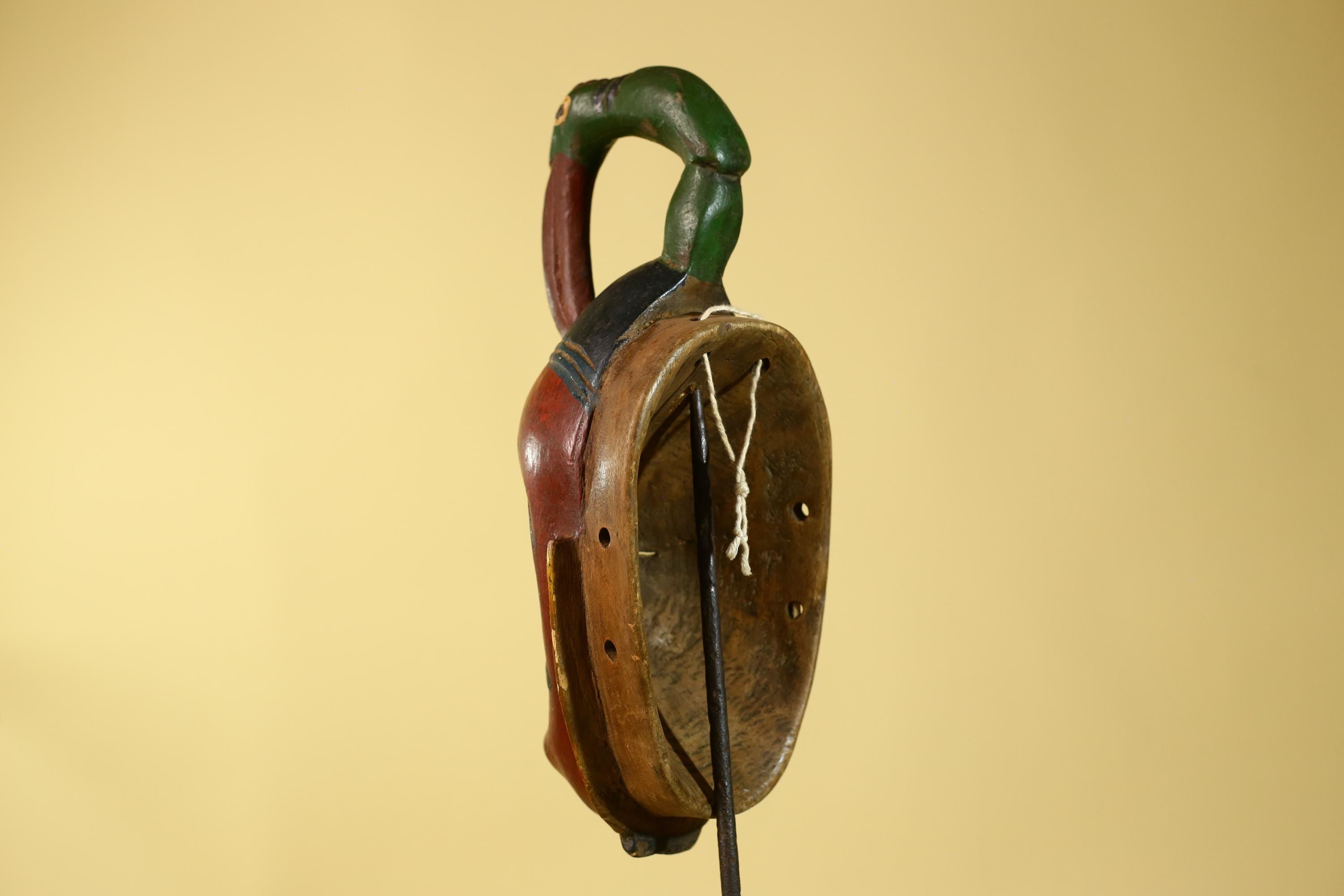 Vintage African Baule Style Mask with Bird Crest, Hand Carved Tribal Wall Art-G6184