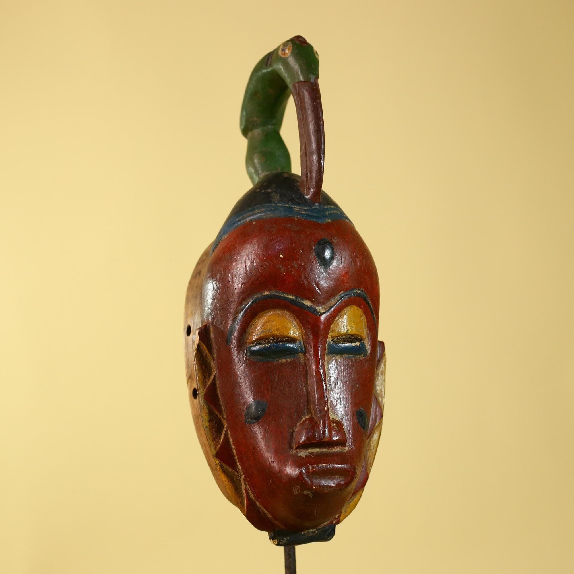 Vintage African Baule Style Mask with Bird Crest, Hand Carved Tribal Wall Art-G6184