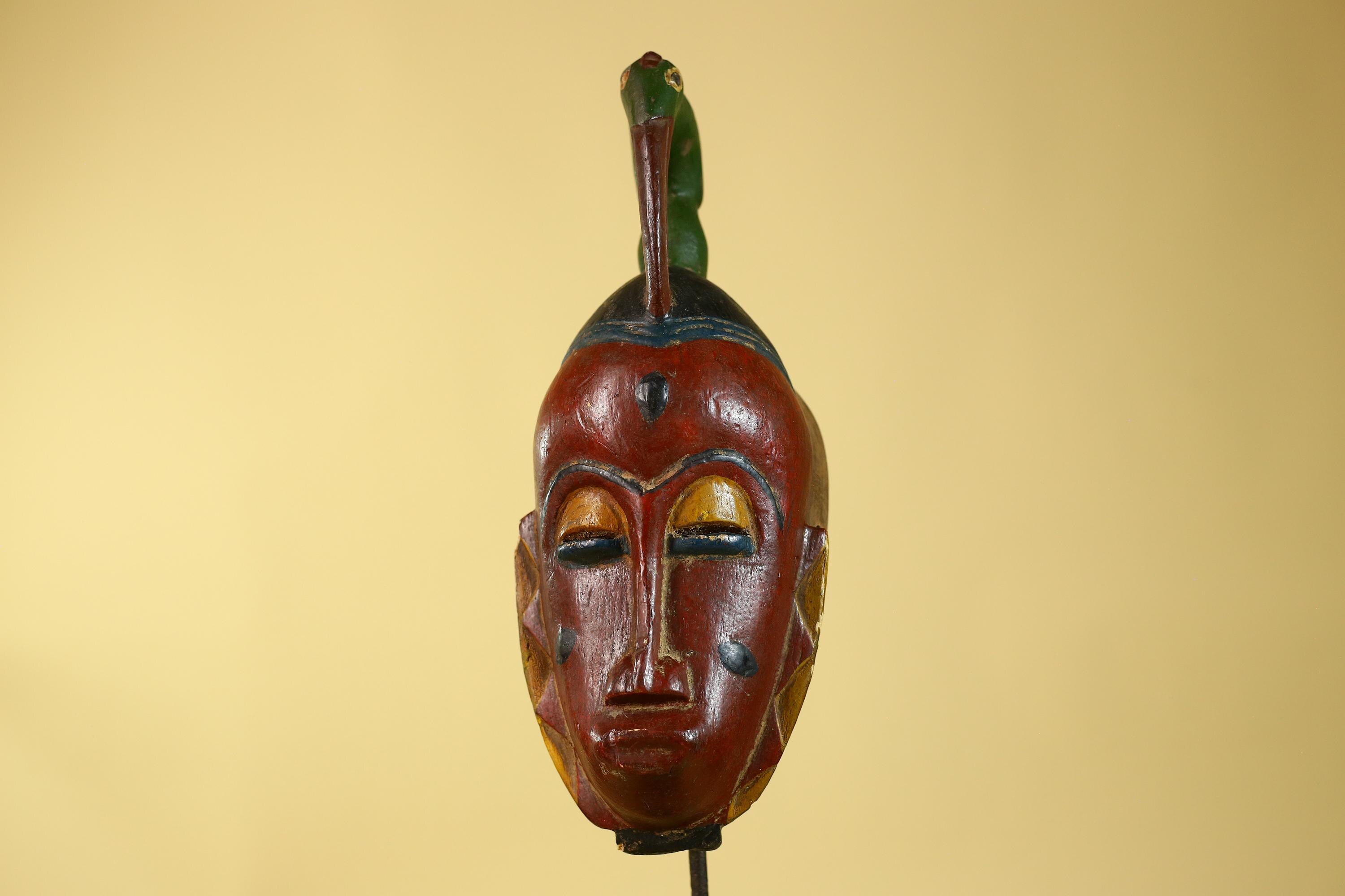 Vintage African Baule Style Mask with Bird Crest, Hand Carved Tribal Wall Art-G6184