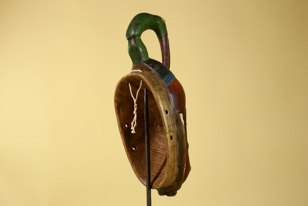 Vintage African Baule Style Mask with Bird Crest, Hand Carved Tribal Wall Art-G6184