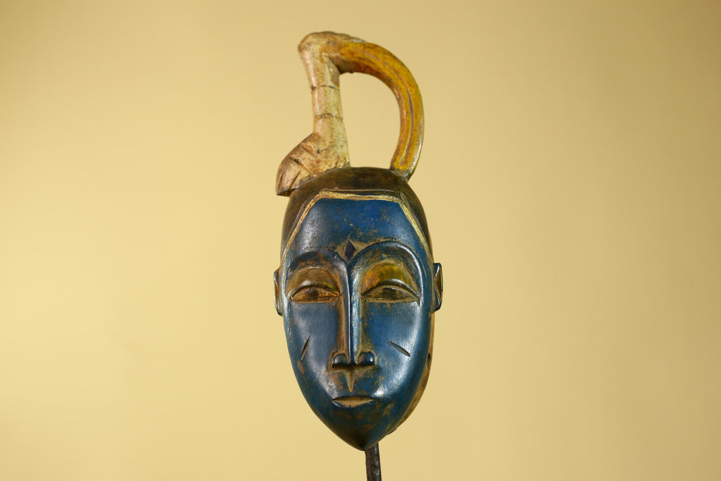 Vintage African Baule Style Mask with Curved Crest, Hand Carved Tribal Art-G6185