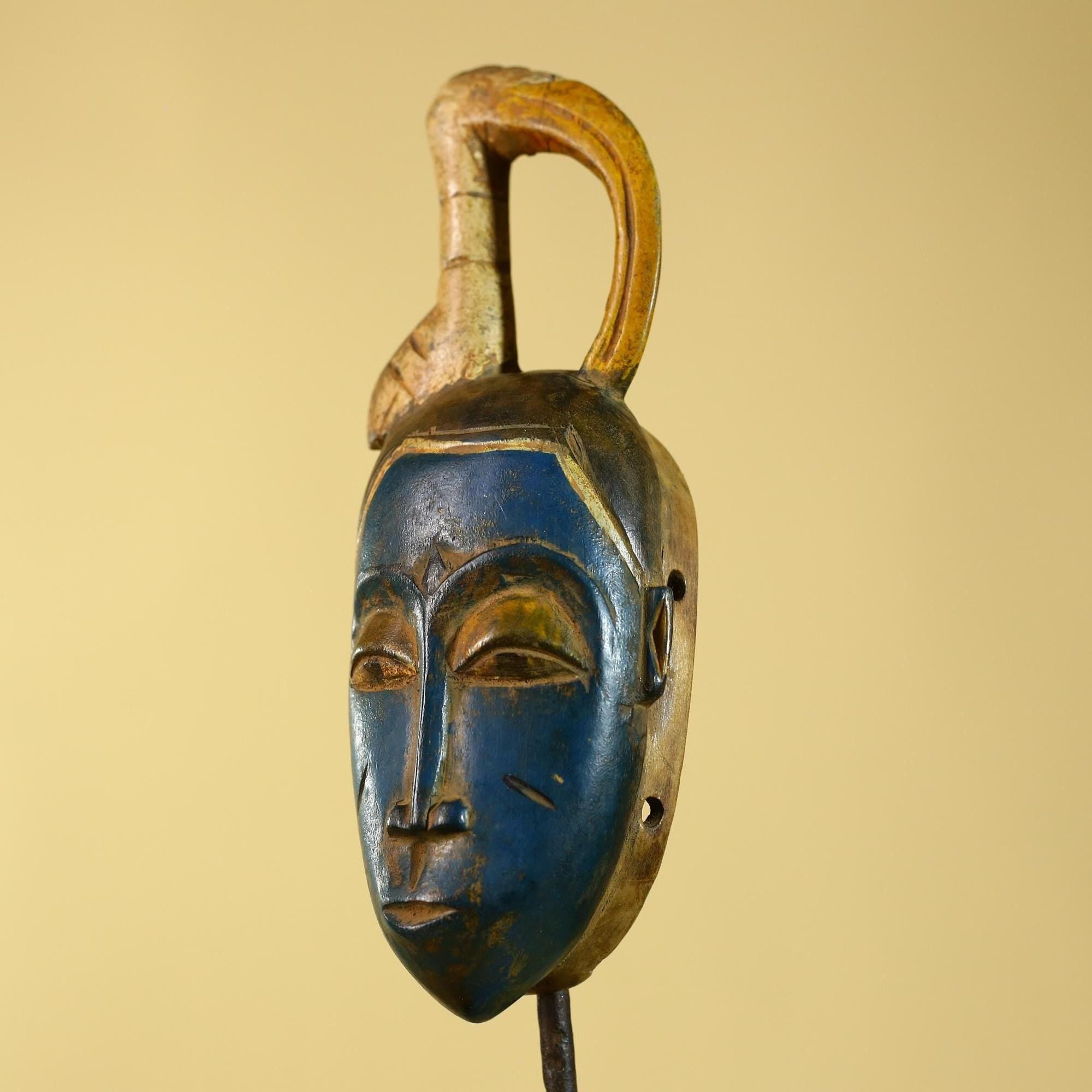 Vintage African Baule Style Mask with Curved Crest, Hand Carved Tribal Art-G6185