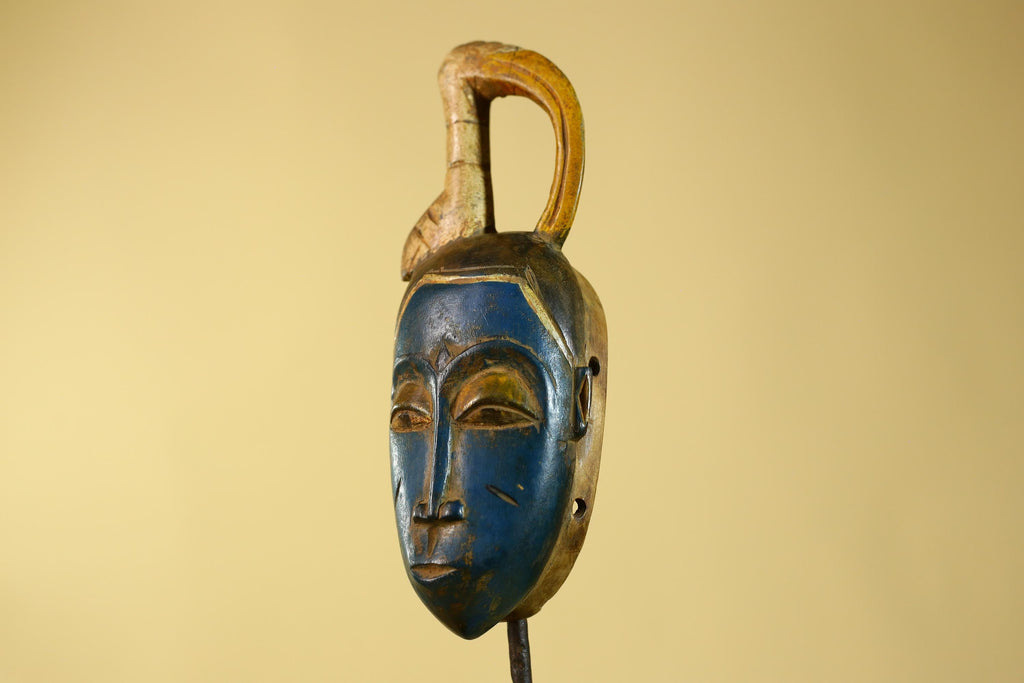 Vintage African Baule Style Mask with Curved Crest, Hand Carved Tribal Art-G6185