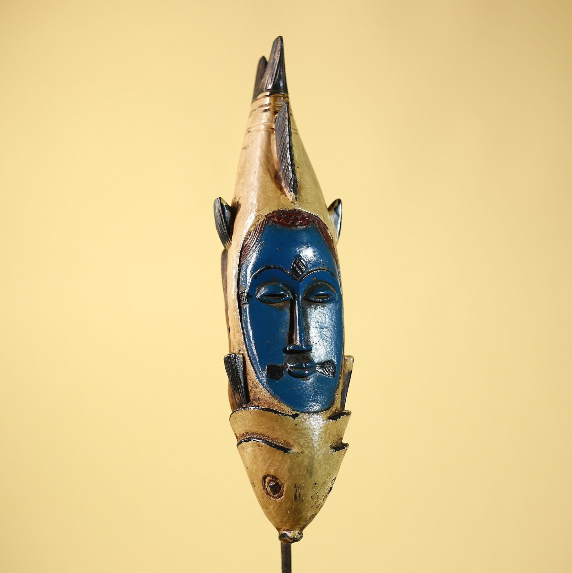 African mask Baule fish totem wooden tribal mask wall art vintage decor-G6077
