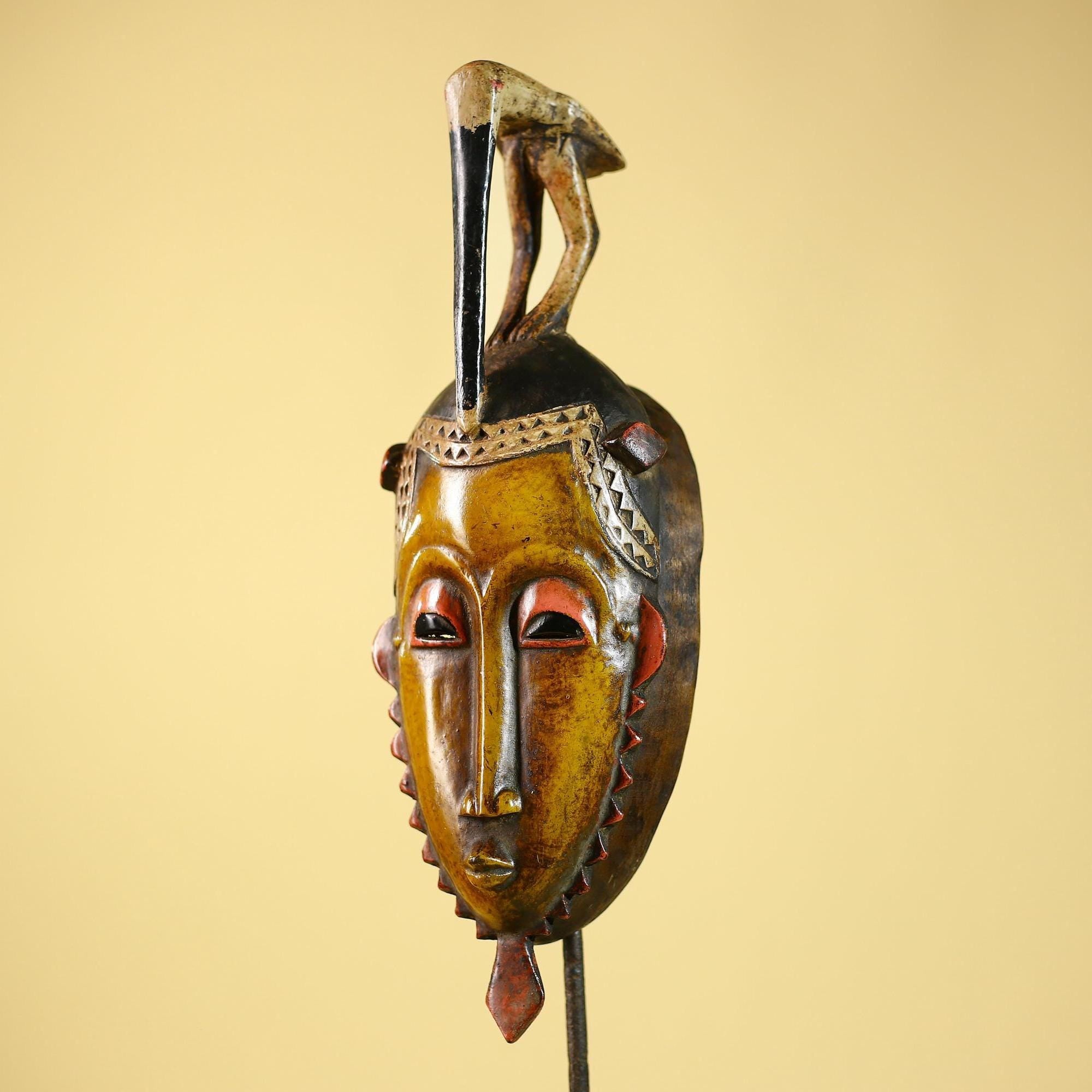 Rare African Mask Guro Tribal Wooden Art Bird Crest Handcarved Vintage Decor-G6079