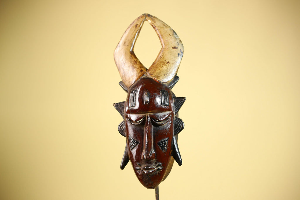African Mask Guro Horned Vintage Tribal Art Handmade Wooden Wall Display-G6080